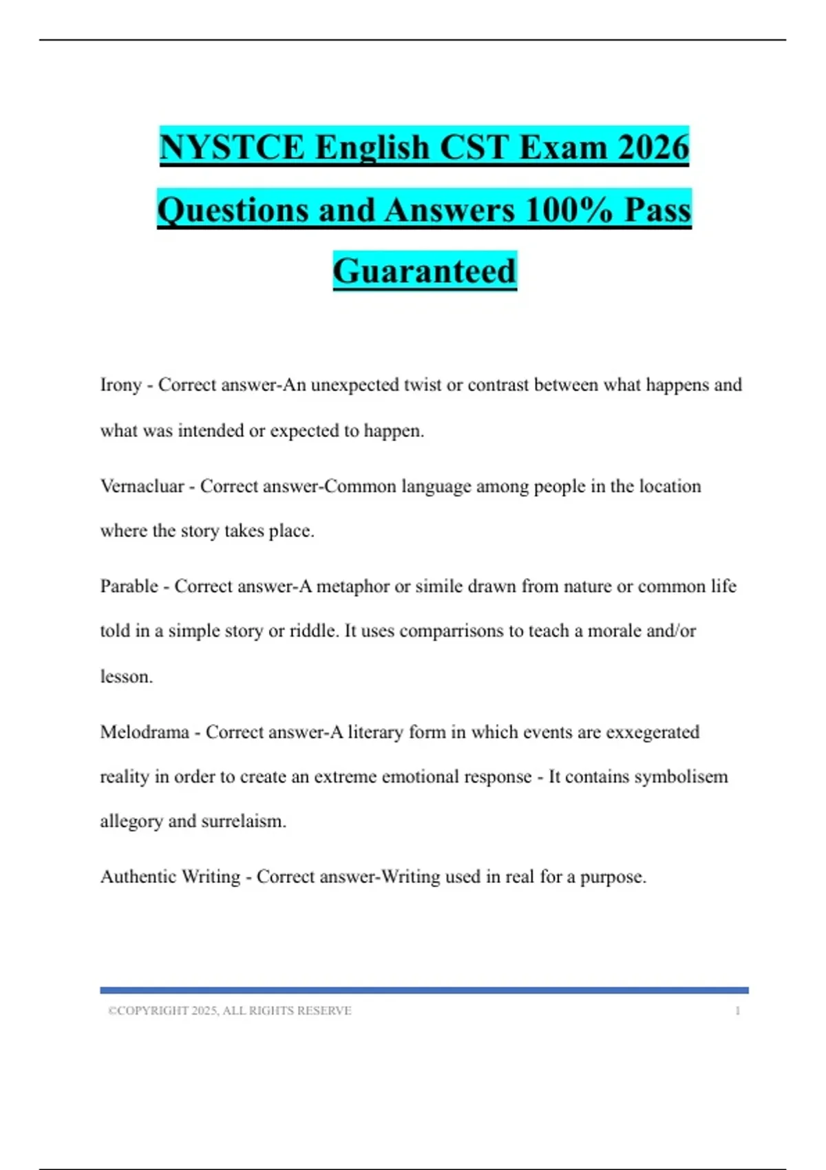 NYSTCE English CST Exam 2026 Questions and Answers 100% Pass Guaranteed ...