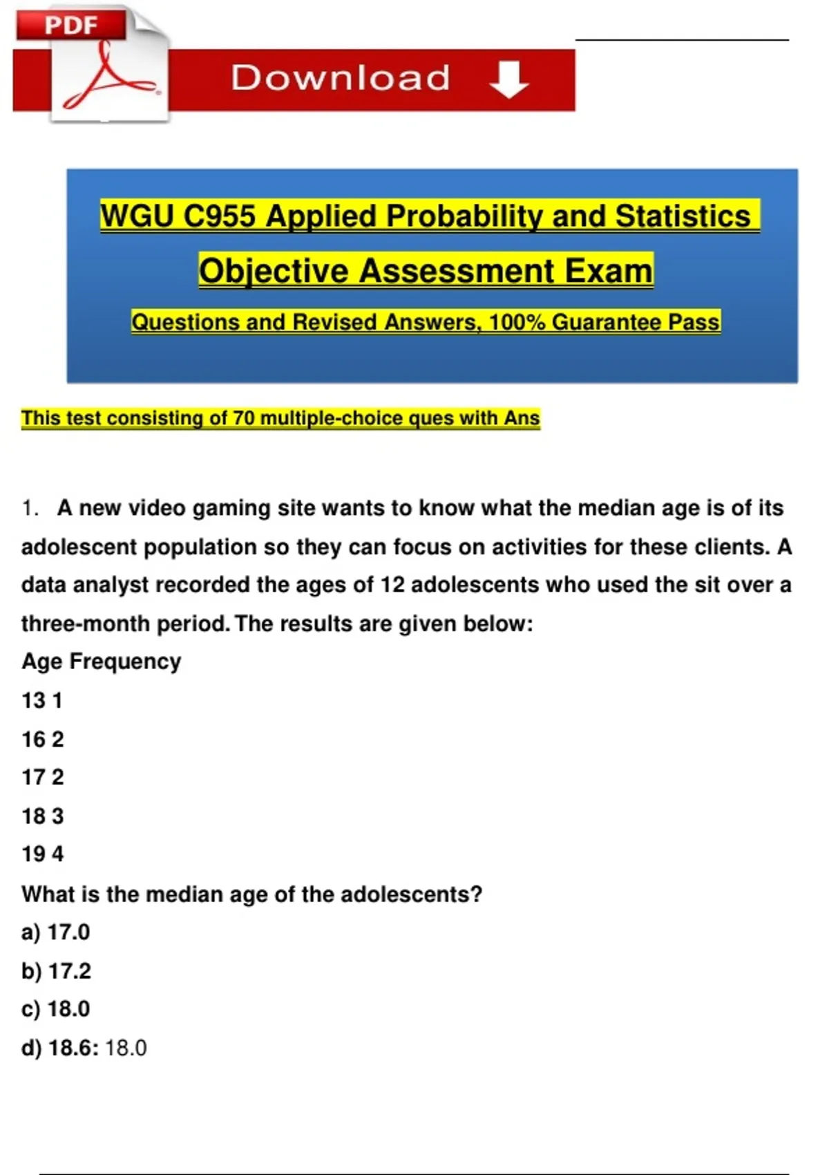 WGU C955 Applied Probability and Statistics Objective Assessment Exam ...
