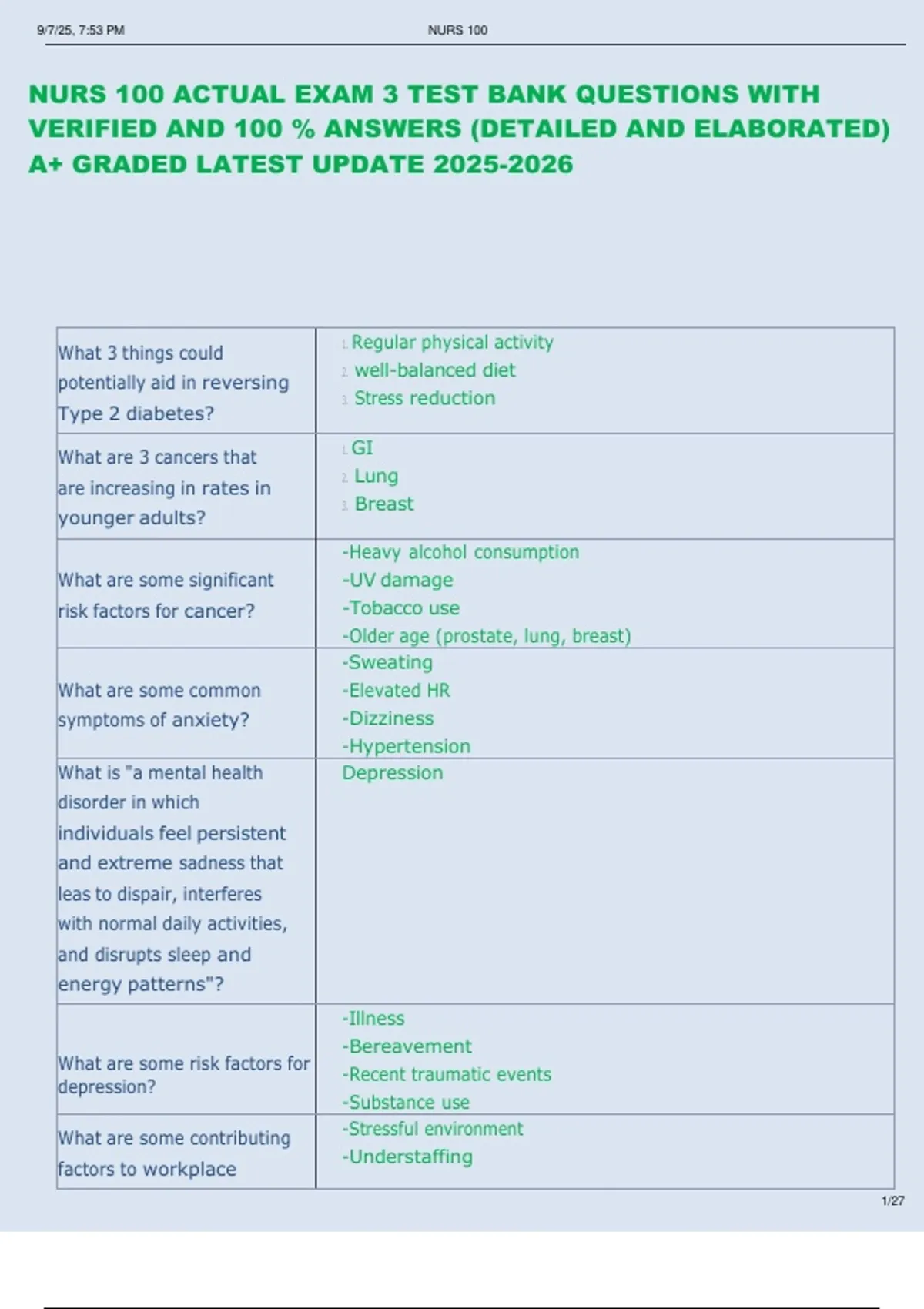 NURS 100 ACTUAL EXAM 3 TEST BANK QUESTIONS WITH VERIFIED AND 100 % ...