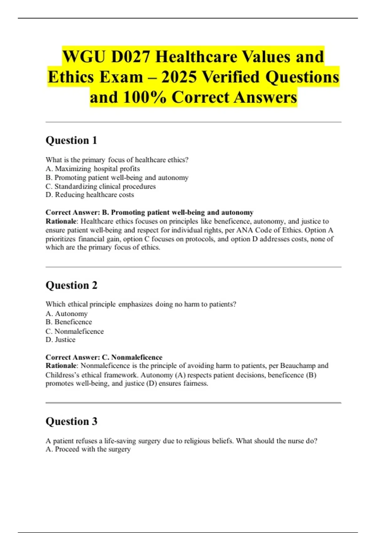 WGU D027 Healthcare Values and Ethics Exam – 2025 Verified Questions ...