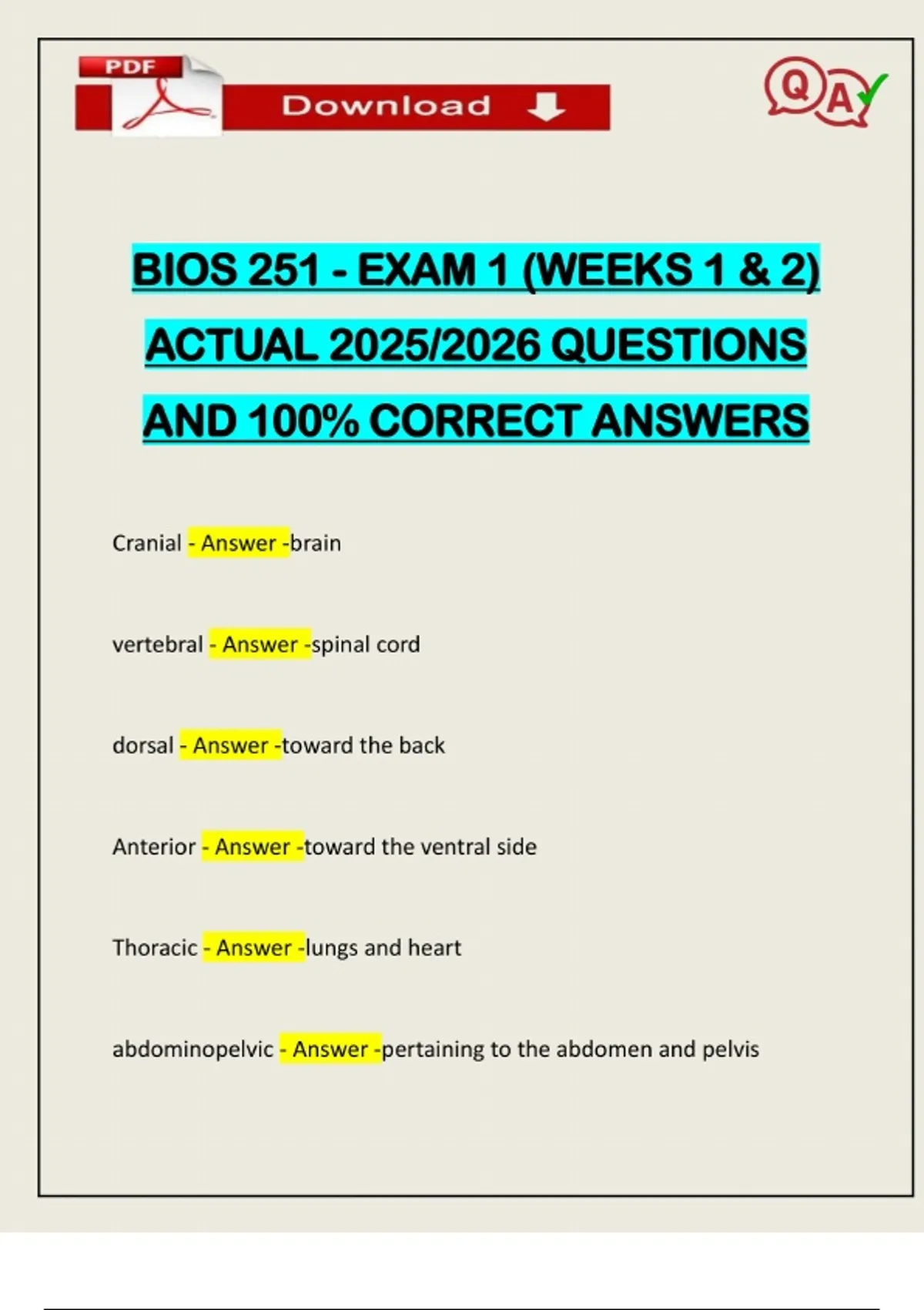 BIOS 251 - EXAM 1 (WEEKS 1 & 2) ACTUAL 2025/2026 QUESTIONS AND 100% ...