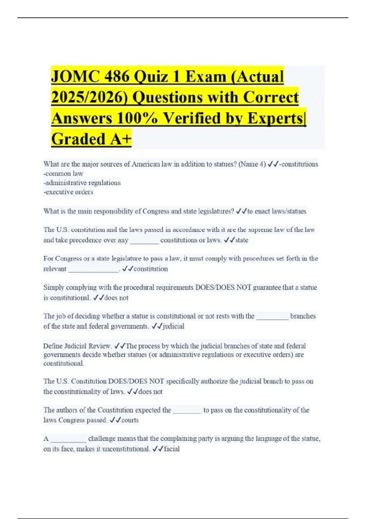 JOMC 486 Quiz 1 Exam (Actual 2025/2026) Questions with Correct Answers ...
