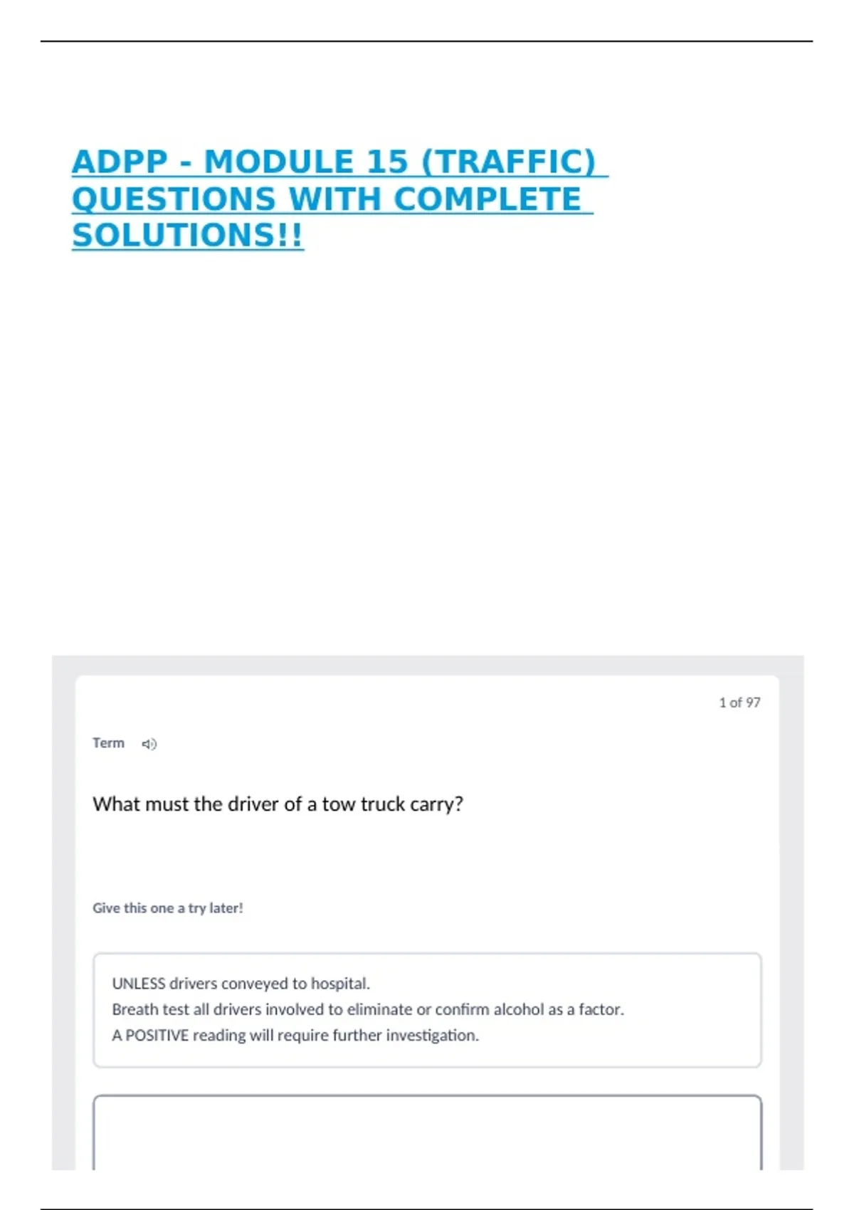 ADPP - MODULE 15 (TRAFFIC) QUESTIONS WITH COMPLETE SOLUTIONS!! - ADPP ...