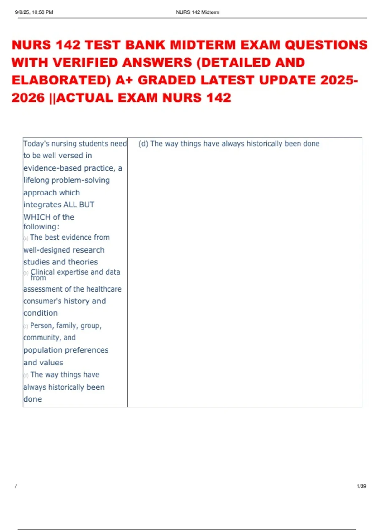 NURS 142 TEST BANK MIDTERM EXAM QUESTIONS WITH VERIFIED ANSWERS ...