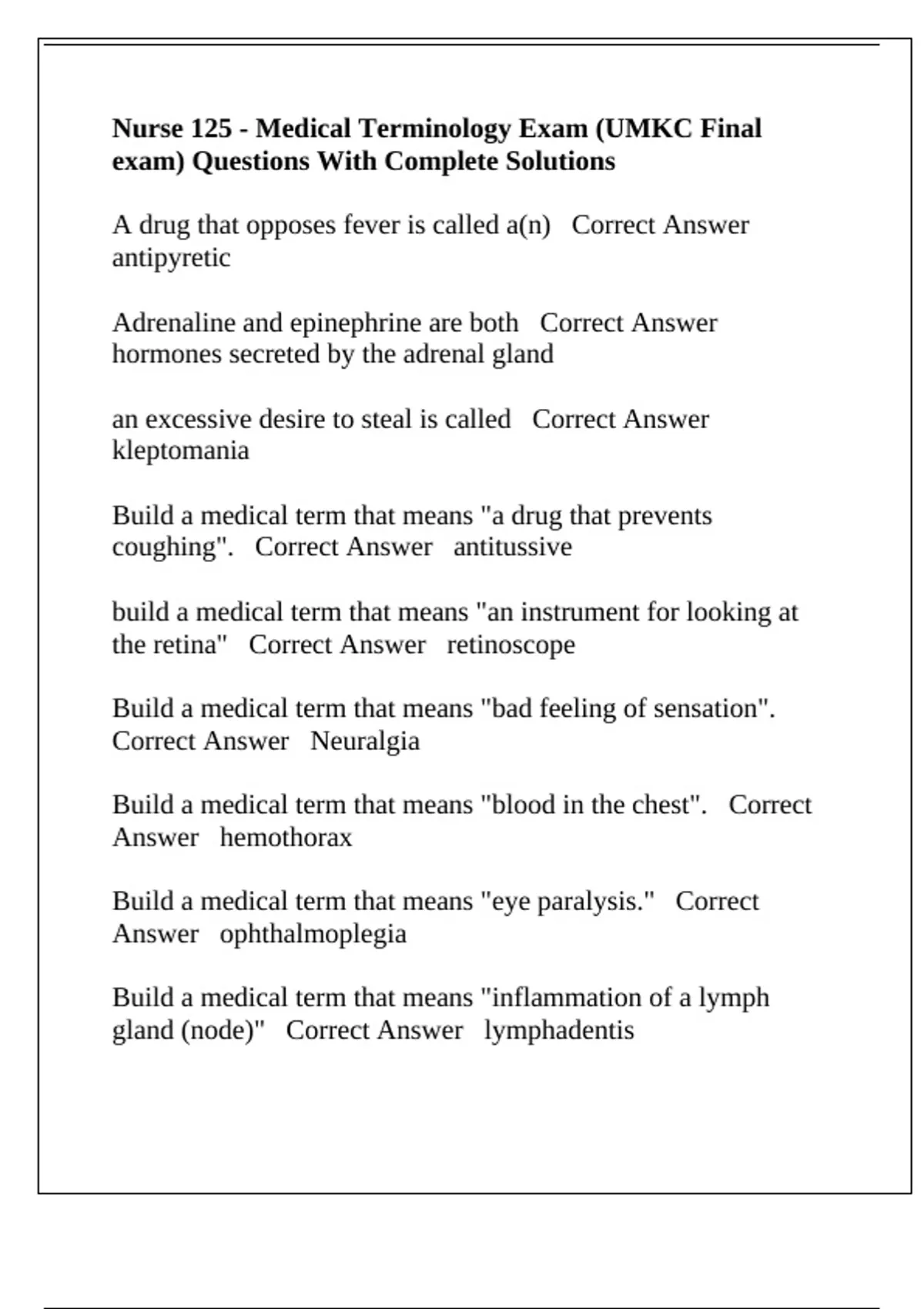 Nurse 125 - Medical Terminology Exam (UMKC Final exam) Questions With ...