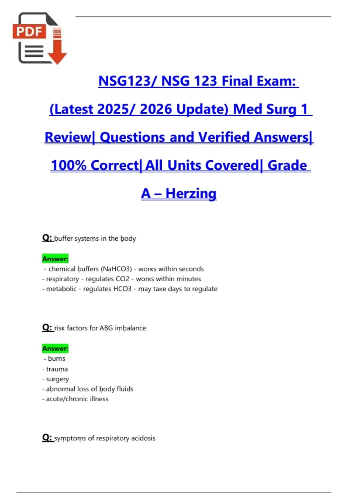 NSG 123 Final Exam – Med Surg 1 Review (Latest 2025/2026 Update ...