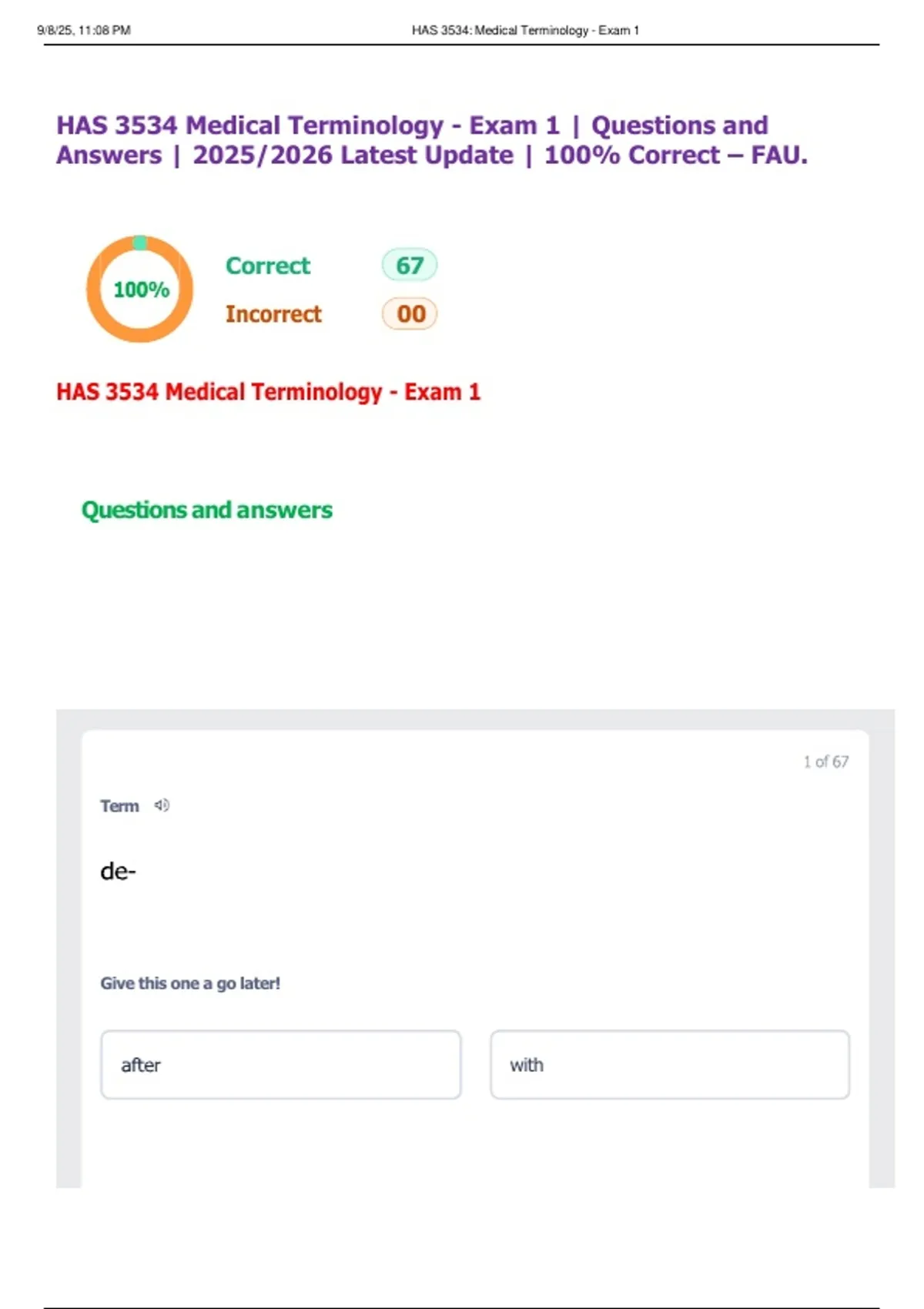 Hsa Questions HSA 3534 Medical Terminology - Exam 1 | Questions and Answers | 2025/ ...