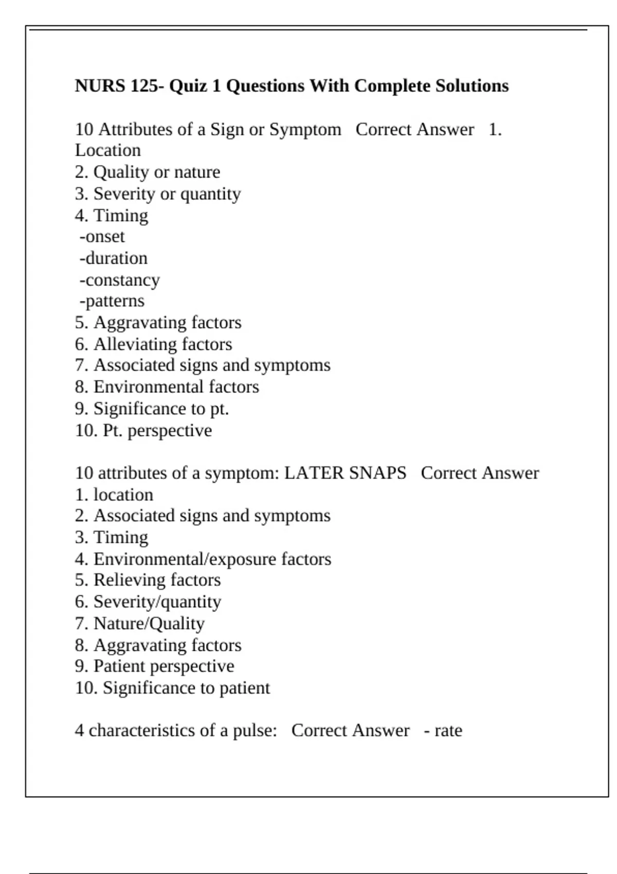 NURS 125- Quiz 1 Questions With Complete Solutions - NURS 125 - Stuvia US