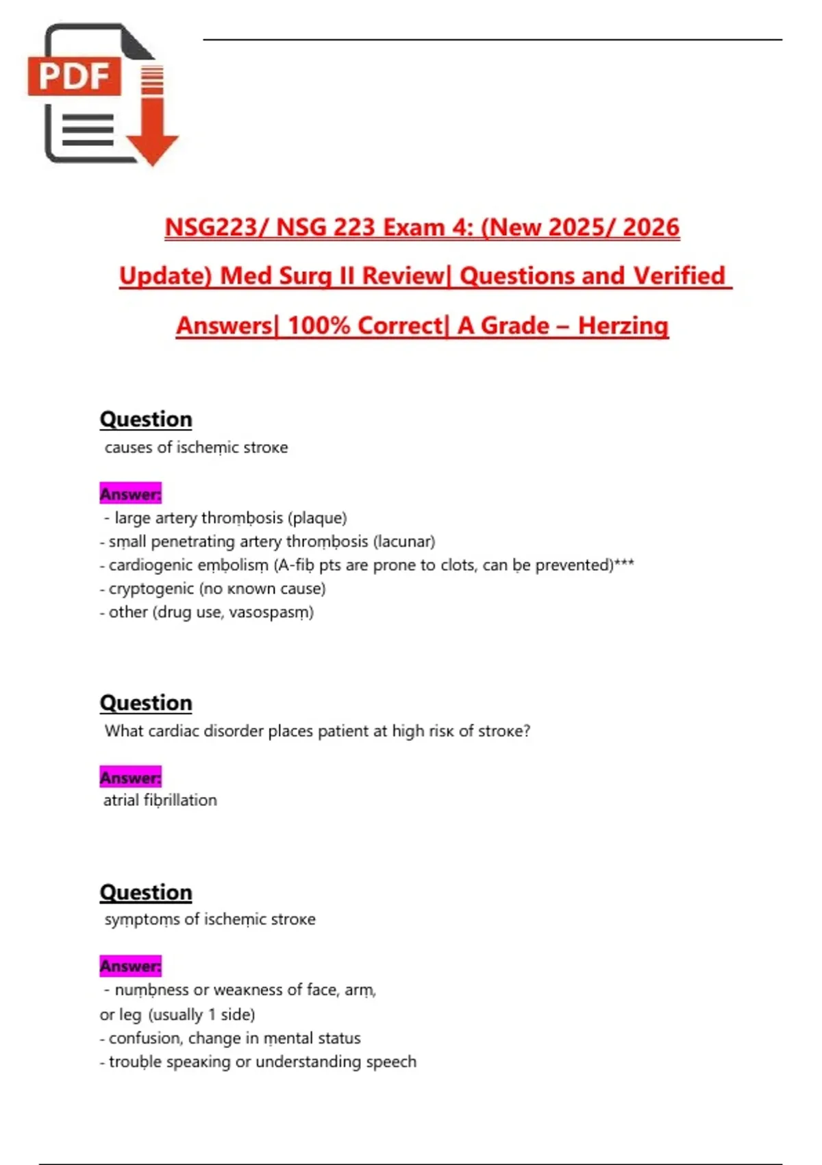 NSG 223 Exam 4 – Med Surg II Review (New 2025/2026 Update) | Questions ...