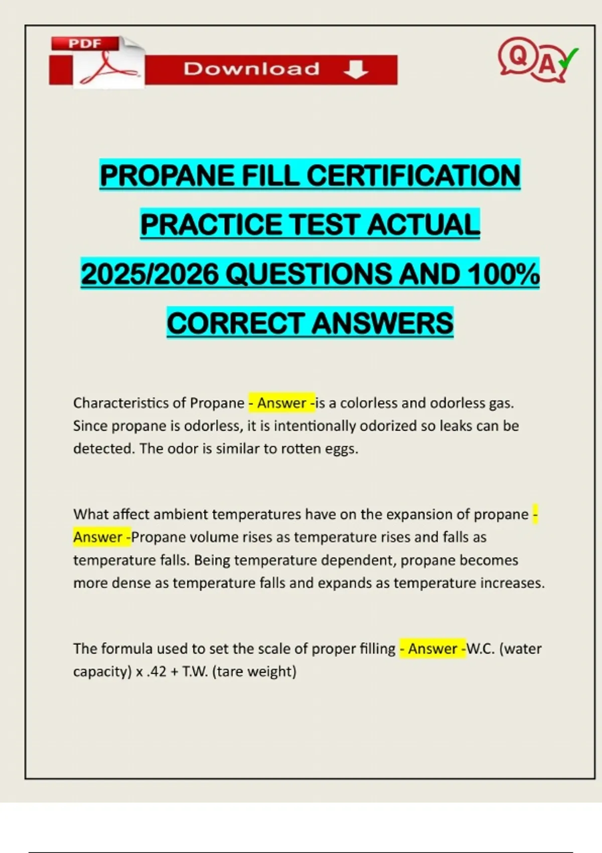 PROPANE FILL CERTIFICATION PRACTICE TEST ACTUAL 2025/2026 QUESTIONS AND ...