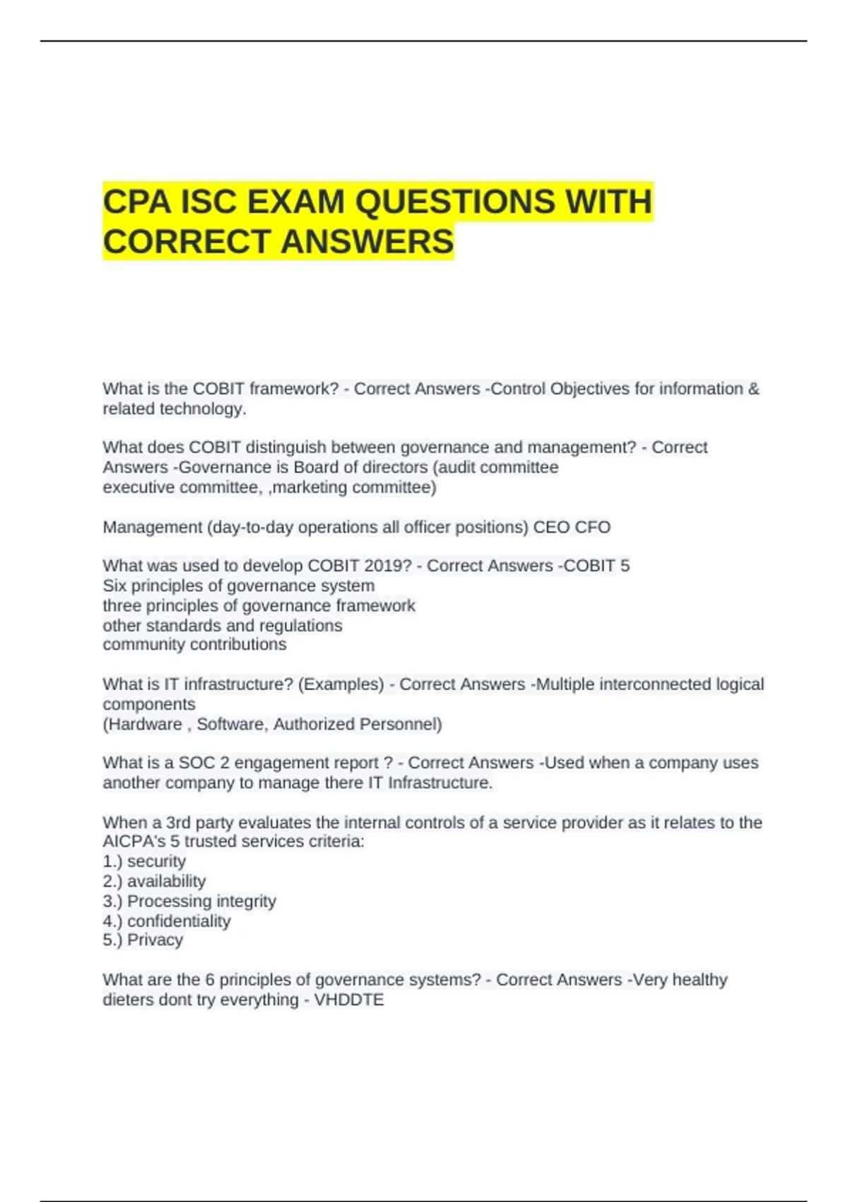 CPA ISC EXAM QUESTIONS WITH CORRECT ANSWERS - ISC - Stuvia US