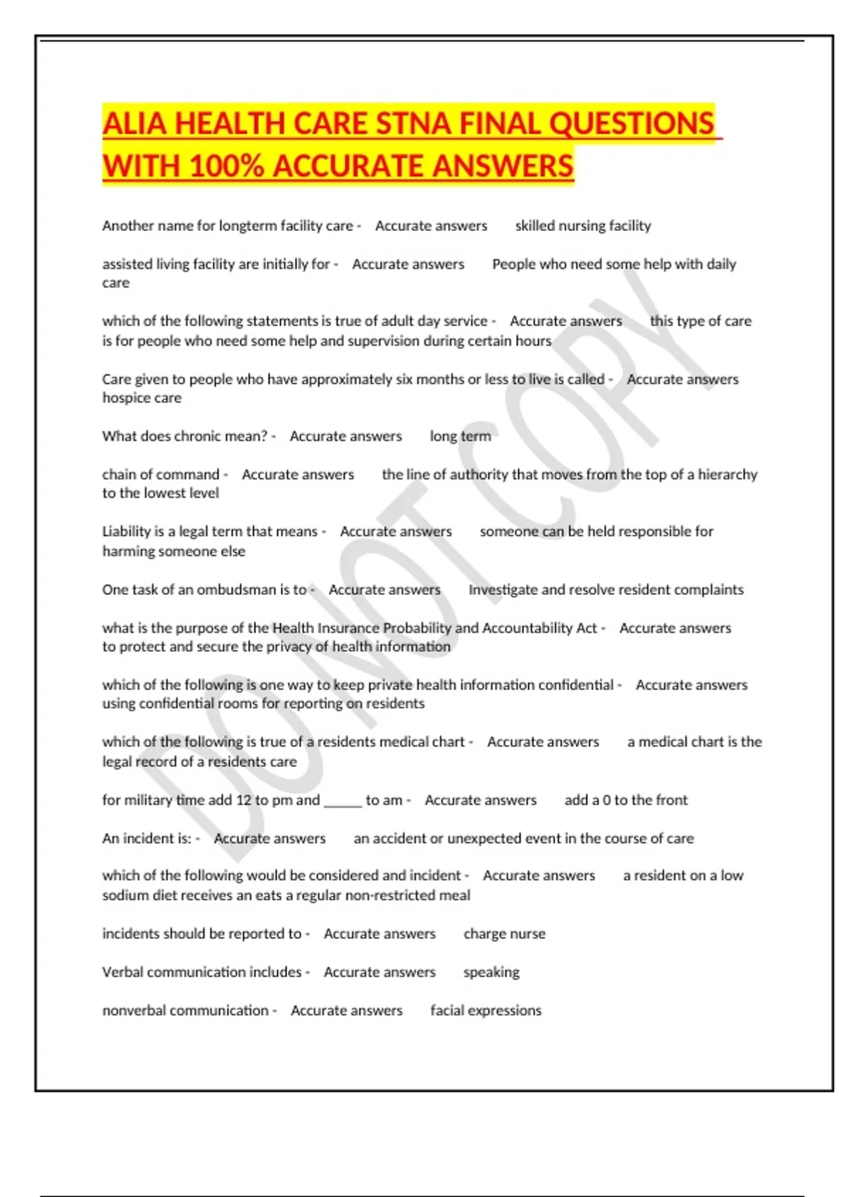 Stna Interview Questions ALIA HEALTH CARE STNA FINAL QUESTIONS WITH 100% ACCURATE ANSWERS - Stna ...