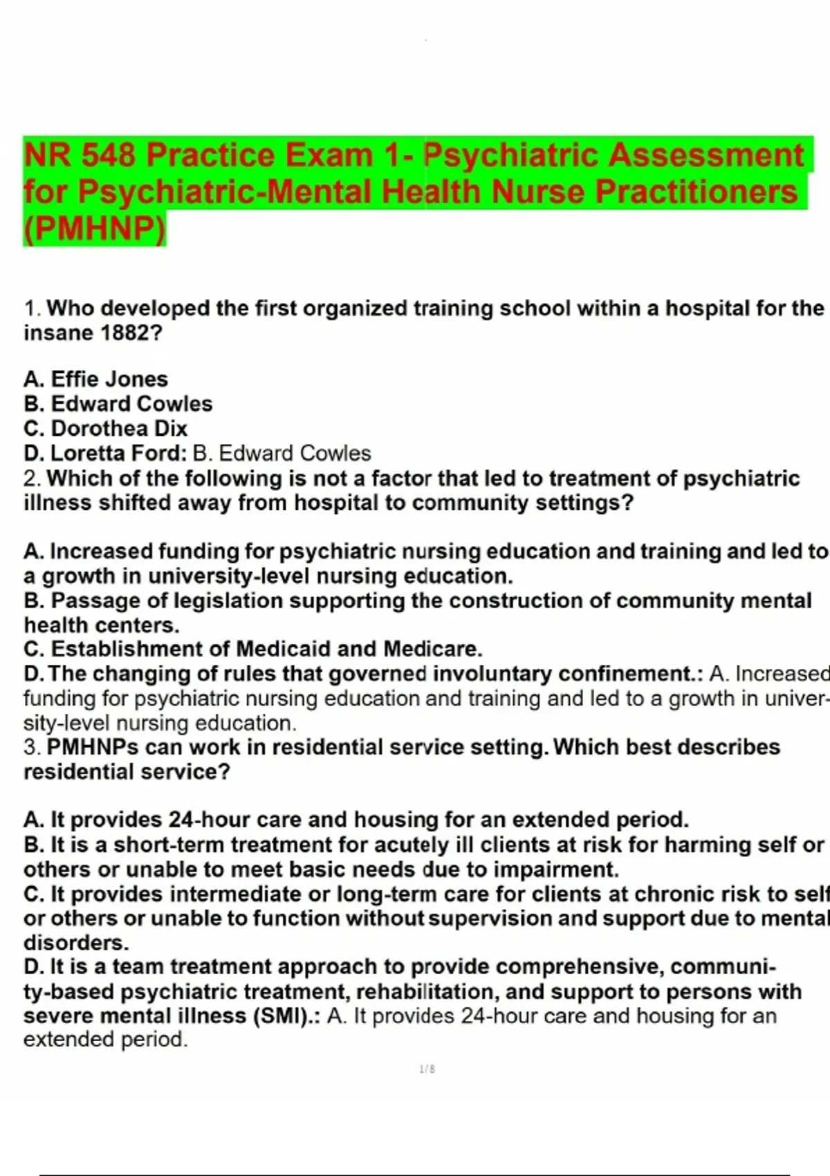 NR 548 Practice Exam 1- Psychiatric Assessment for Psychiatric-Mental ...