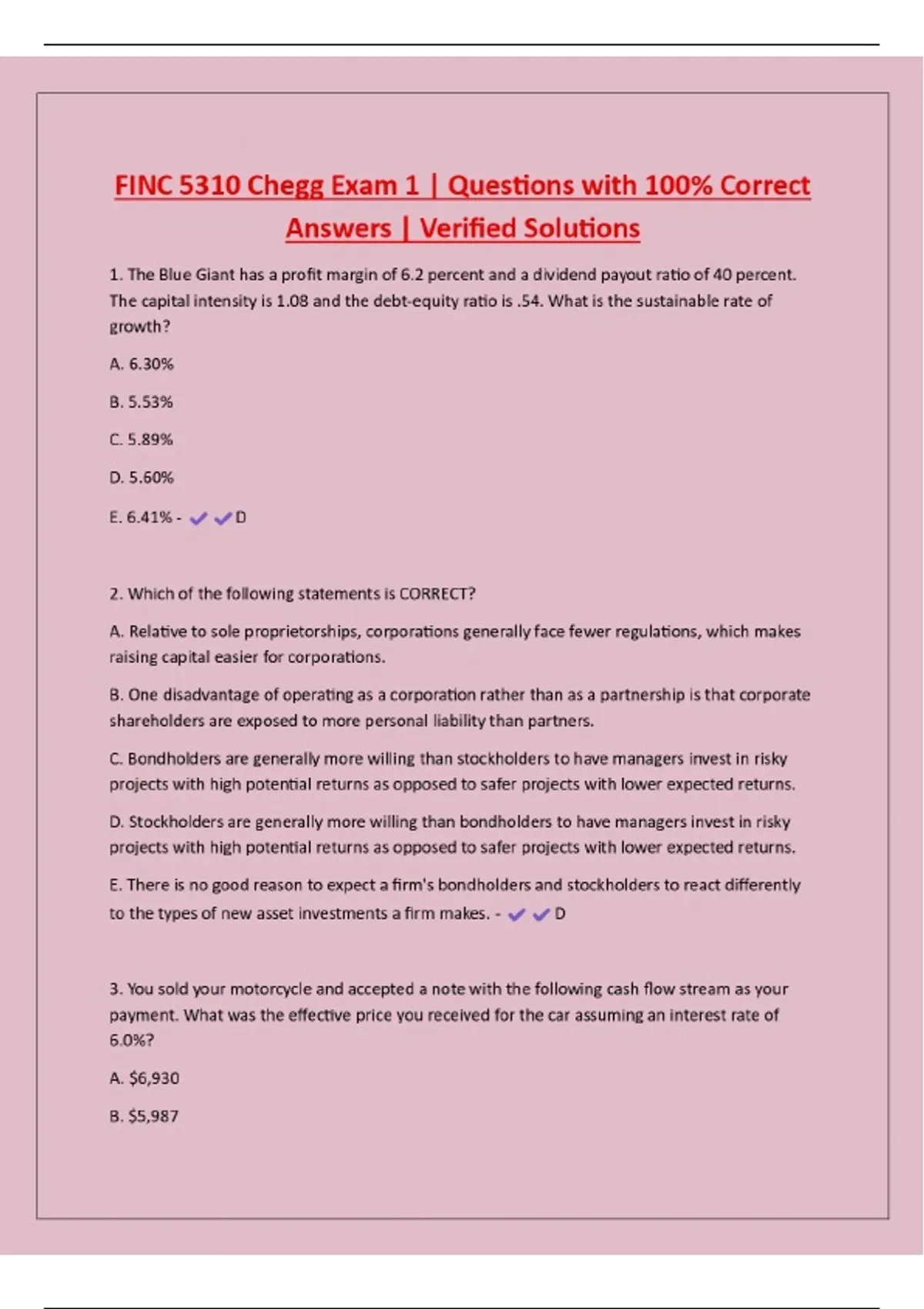 FINC 5310 Chegg Exam 1 | Questions with 100% Correct Answers | Verified ...