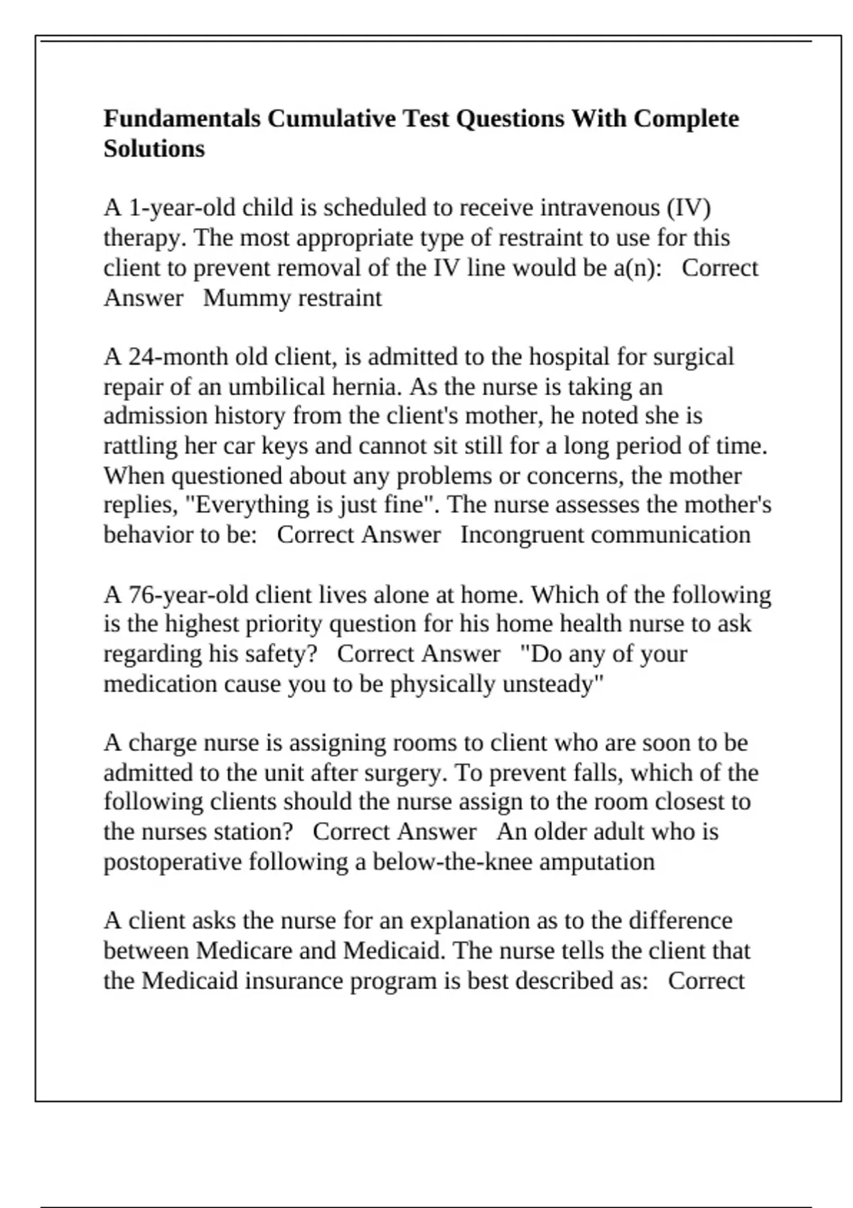 Fundamentals Cumulative Test Questions With Complete Solutions ...