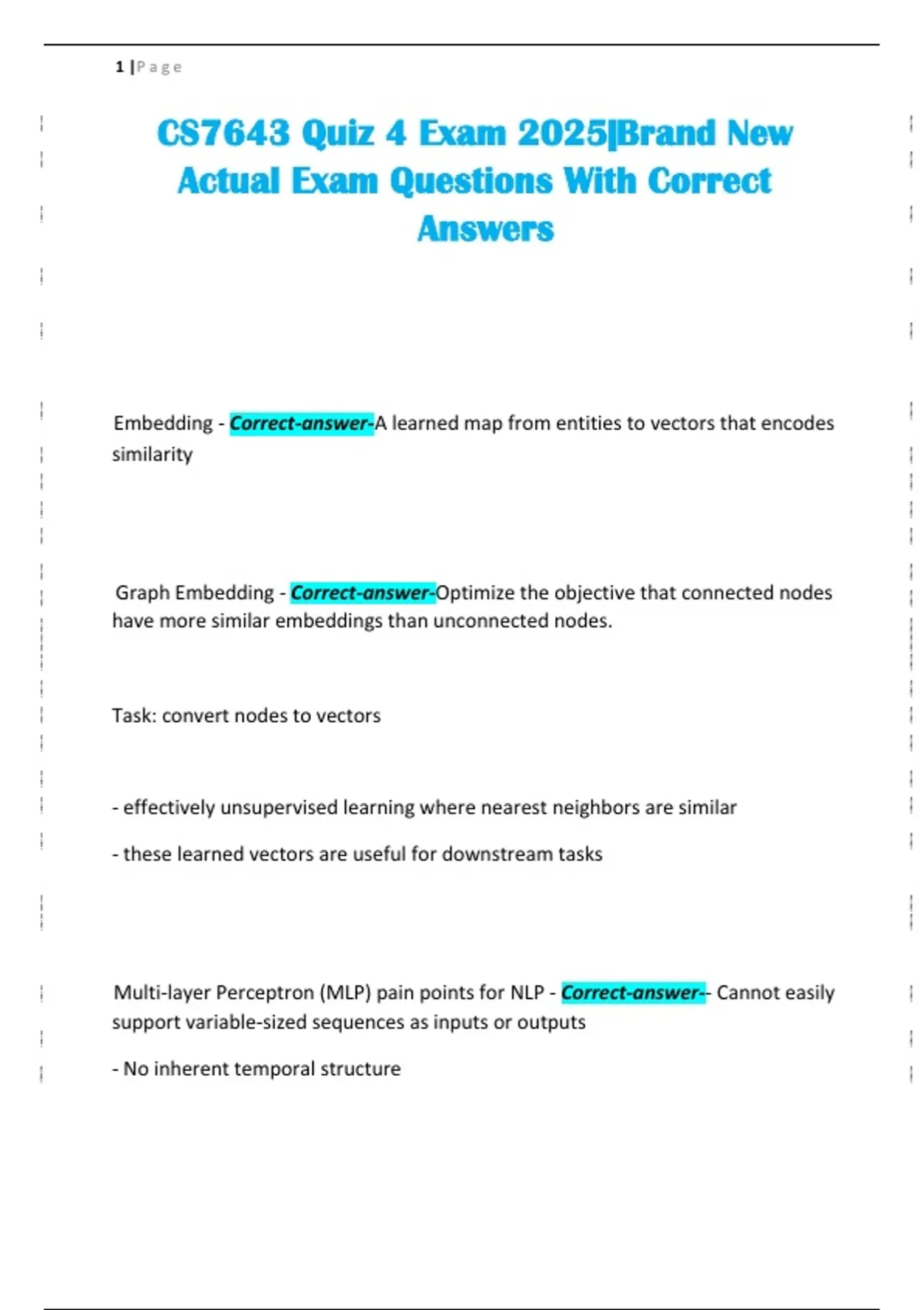 CS7643 Quiz 4 Exam 2025 | Actual Exam Questions with Correct Answers ...