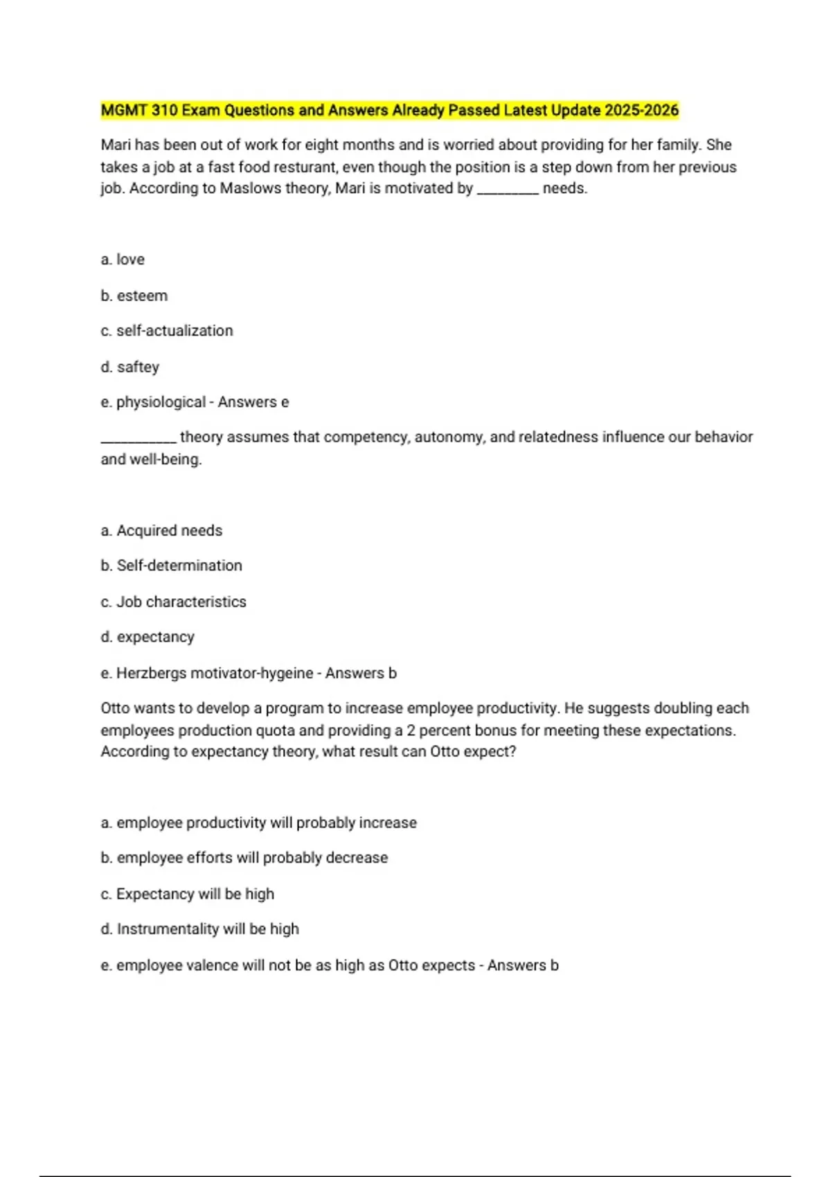 MGMT 310 Exam Questions and Answers Already Passed Latest Update - MGMT ...