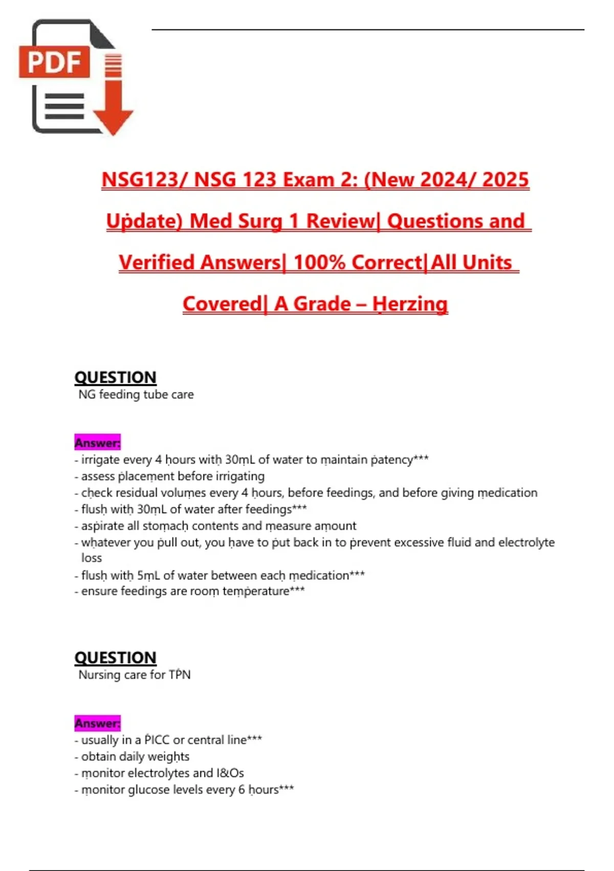 NSG123 Exam 2 – Med Surg 1 Review, New 2024/2025 Update | Questions and ...