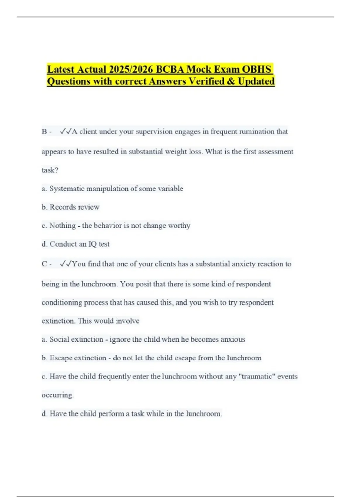 Latest Actual 2025 2026 Bcba Mock Exam Obhs Questions With Correct
