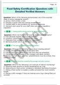 Food Safety Certification Questions with  Detailed Verified Answers 