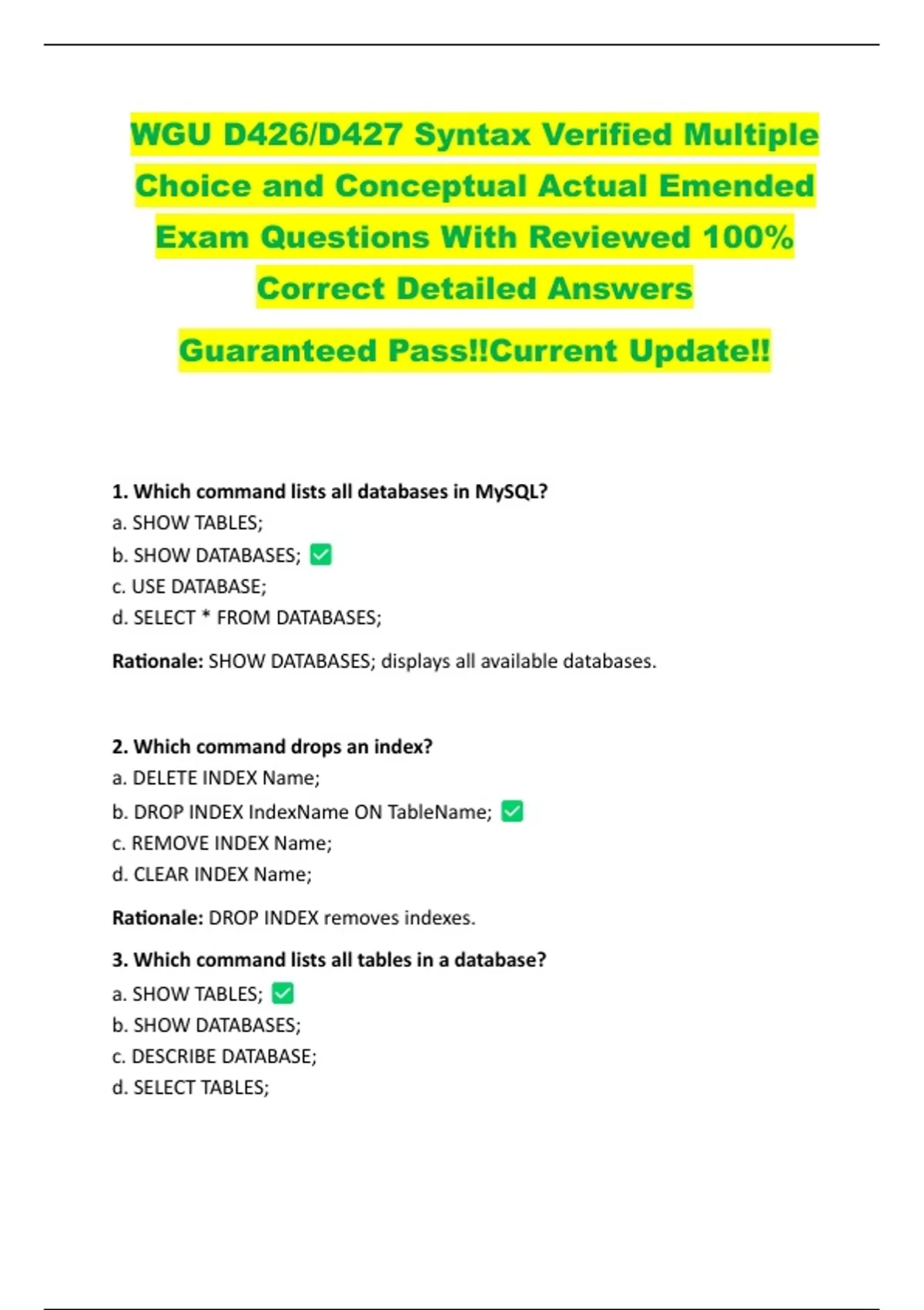 WGU D426/D427 Syntax Verified Multiple Choice and Conceptual Actual ...