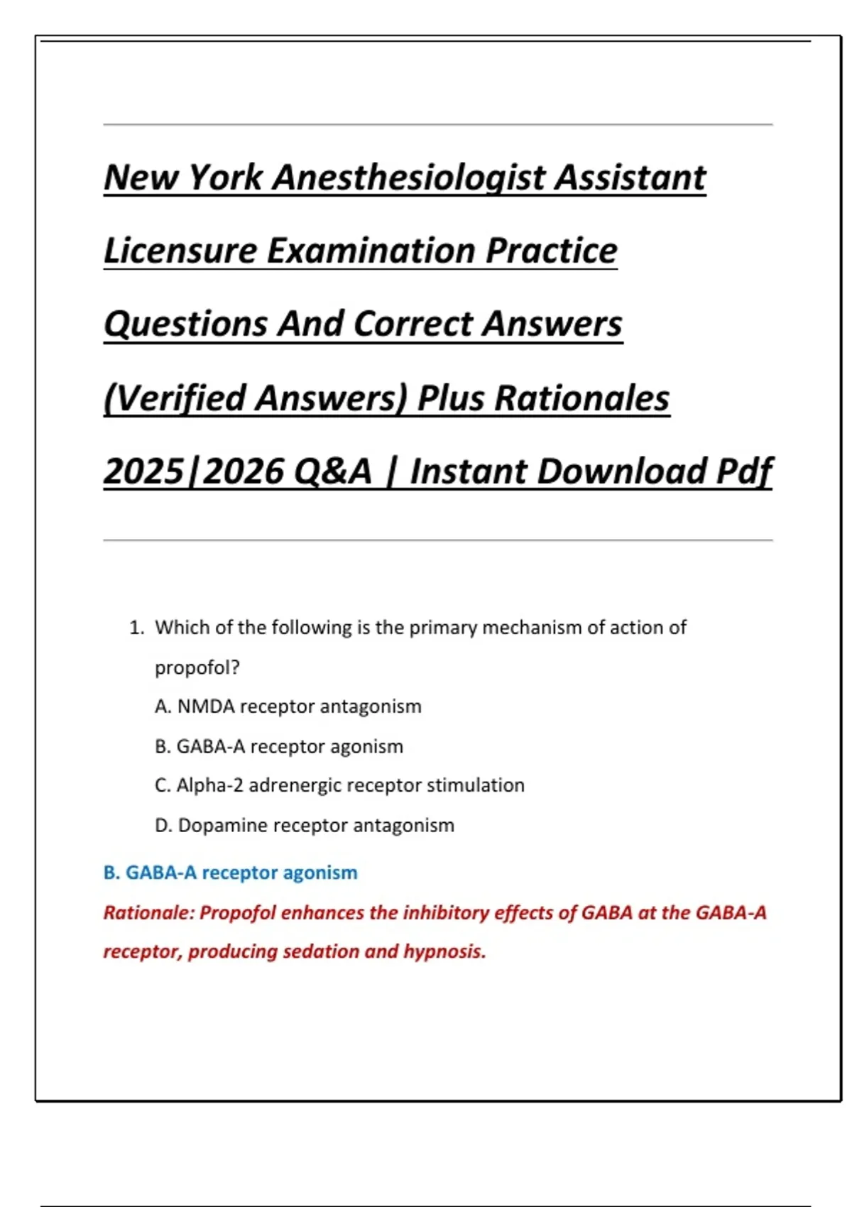 New York Anesthesiologist Assistant Licensure Examination Practice ...
