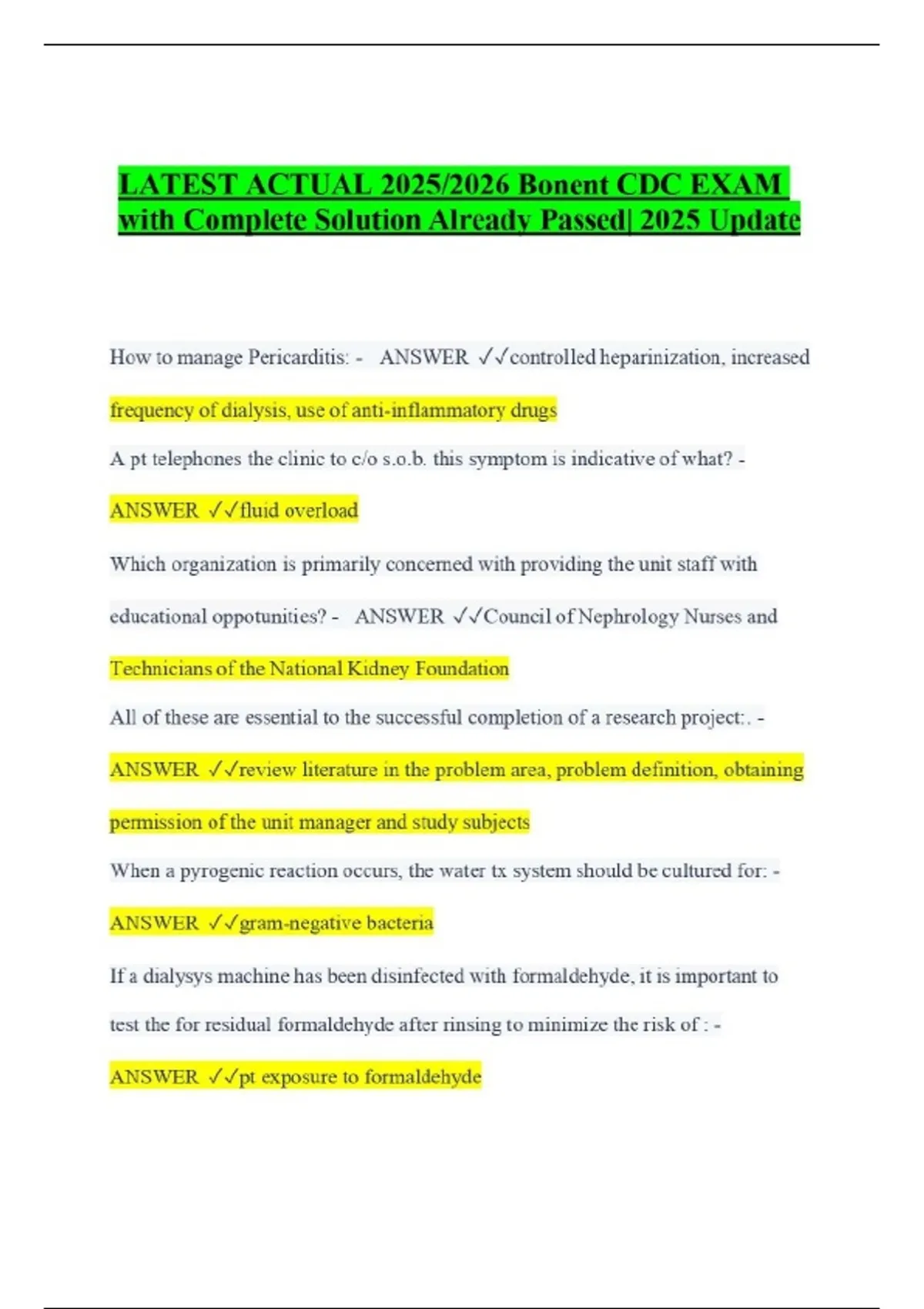 LATEST ACTUAL 2025/2026 Bonent CDC EXAM with Complete Solution Already ...