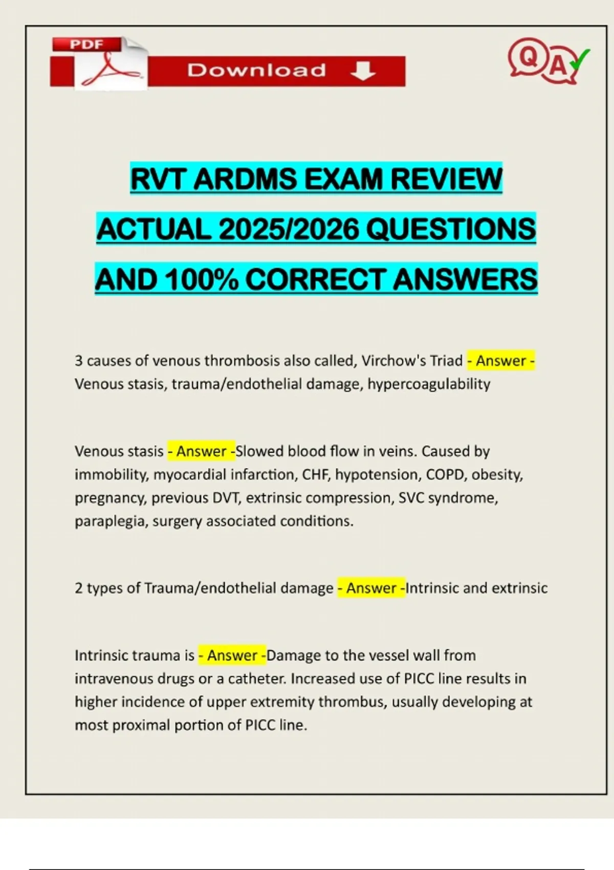 RVT ARDMS EXAM REVIEW ACTUAL 2025/2026 QUESTIONS AND 100% CORRECT ...