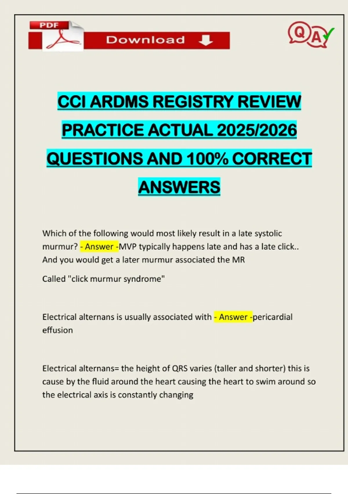CCI ARDMS REGISTRY REVIEW PRACTICE ACTUAL 2025/2026 QUESTIONS AND 100% ...