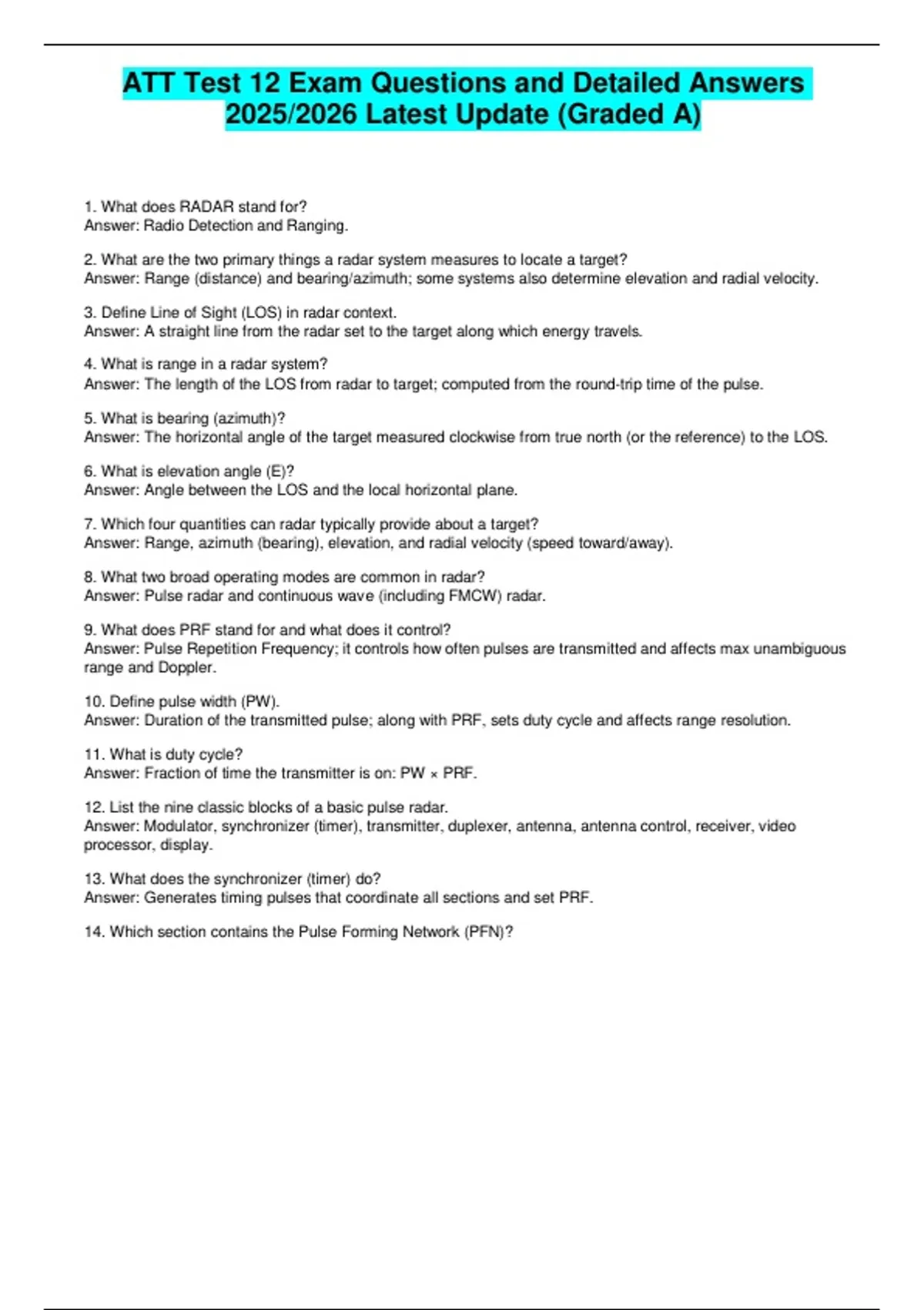 ATT Test 12 Exam Questions and Detailed Answers 2025/2026 Latest Update ...