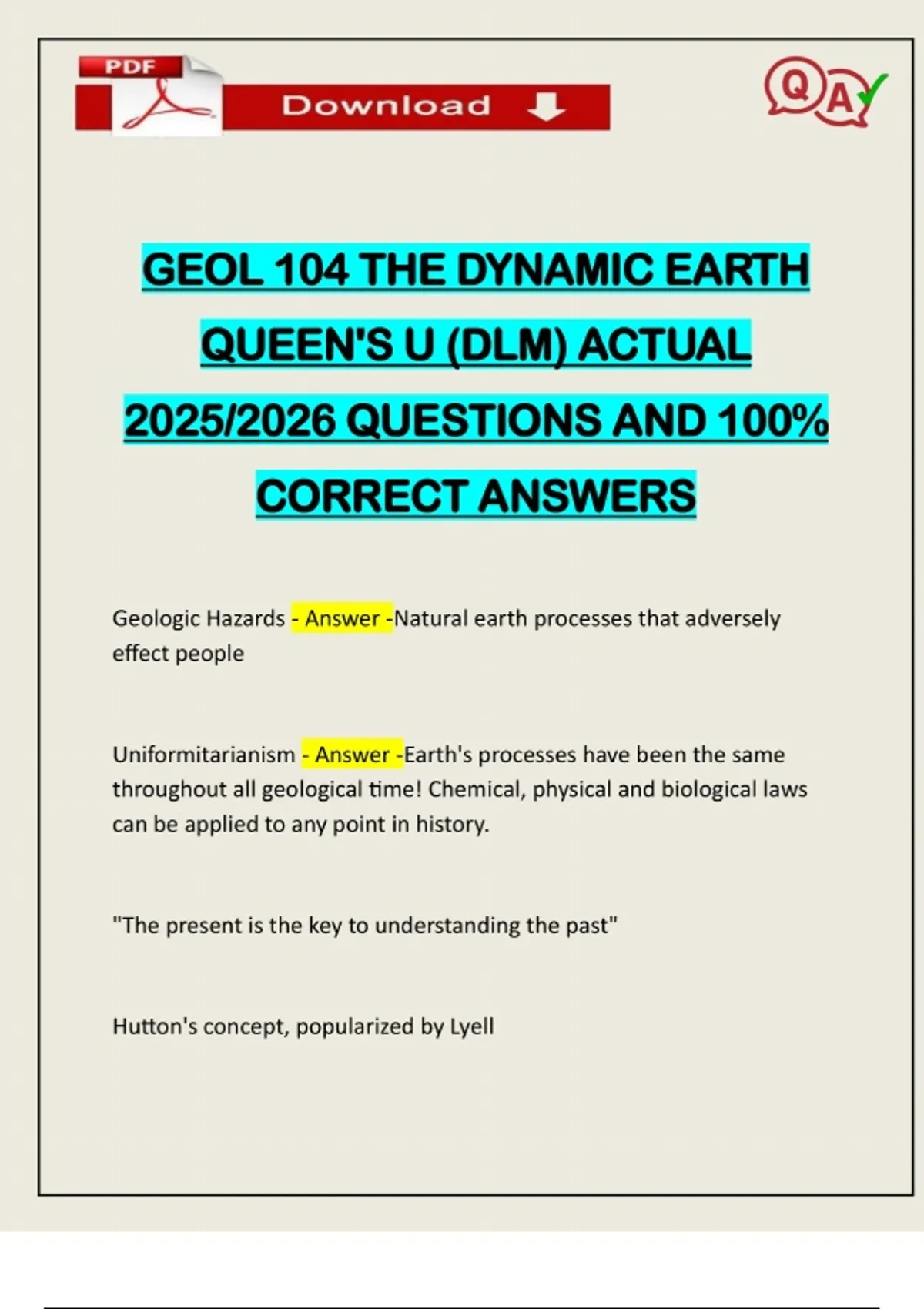 GEOL 104 THE DYNAMIC EARTH QUEEN'S U (DLM) ACTUAL 2025/2026 QUESTIONS ...