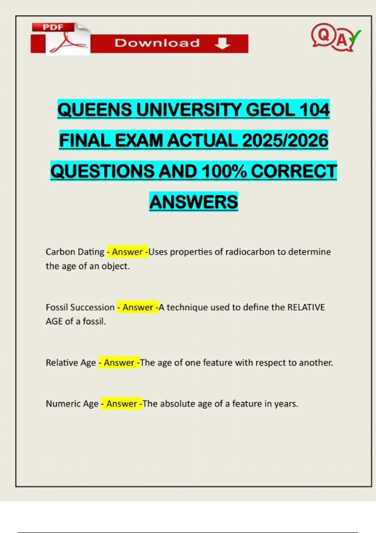 QUEENS UNIVERSITY GEOL 104 FINAL EXAM ACTUAL 2025/2026 QUESTIONS AND ...