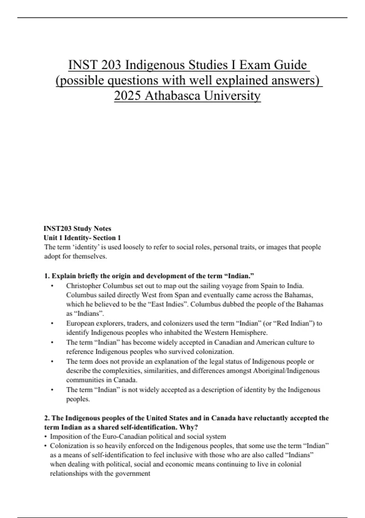 INST 203 Indigenous Studies I Exam Guide (possible questions with well ...