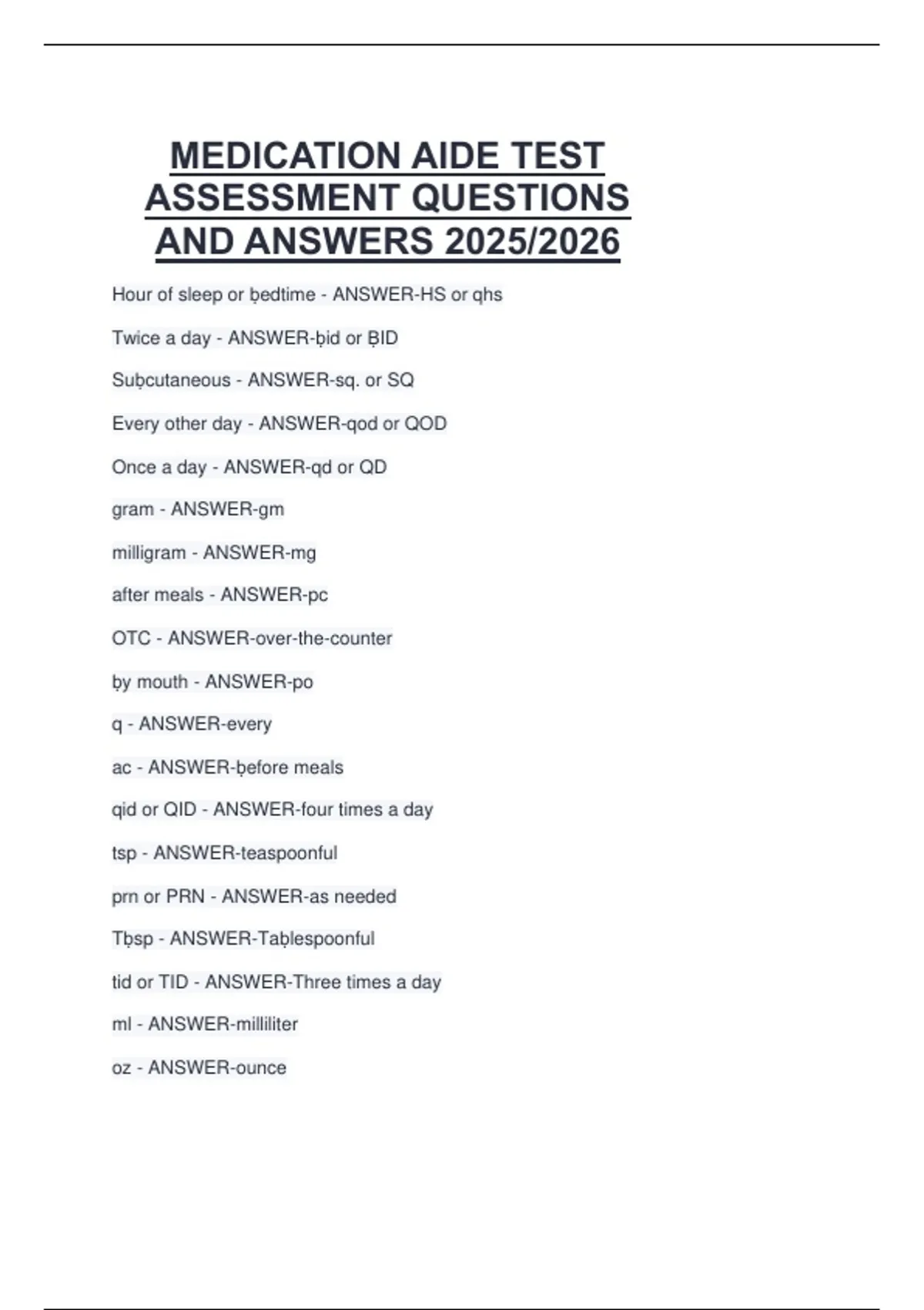 MEDICATION AIDE TEST ASSESSMENT QUESTIONS AND ANSWERS 2025/2026 ...