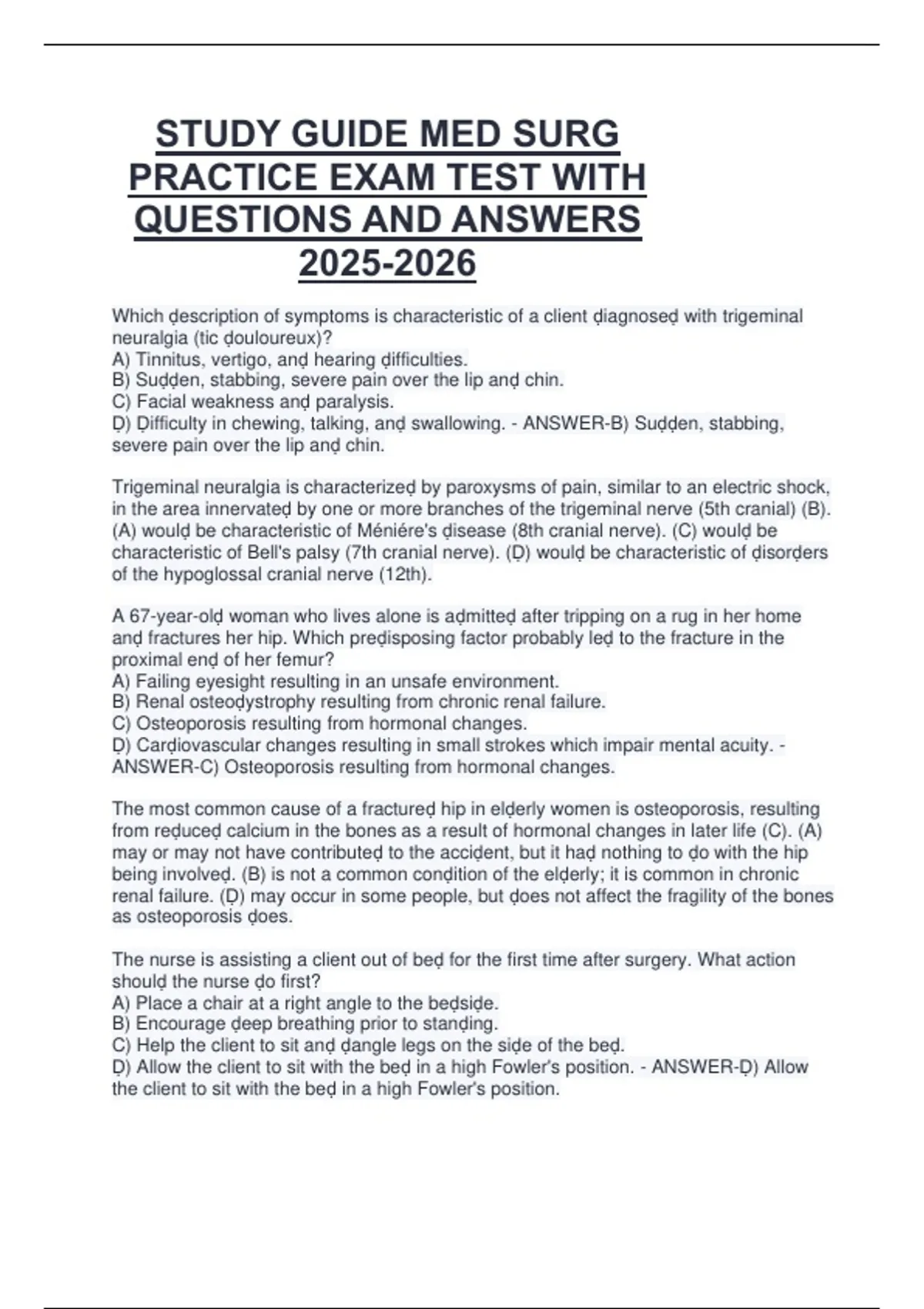 STUDY GUIDE MED SURG PRACTICE EXAM TEST WITH QUESTIONS AND ANSWERS ...