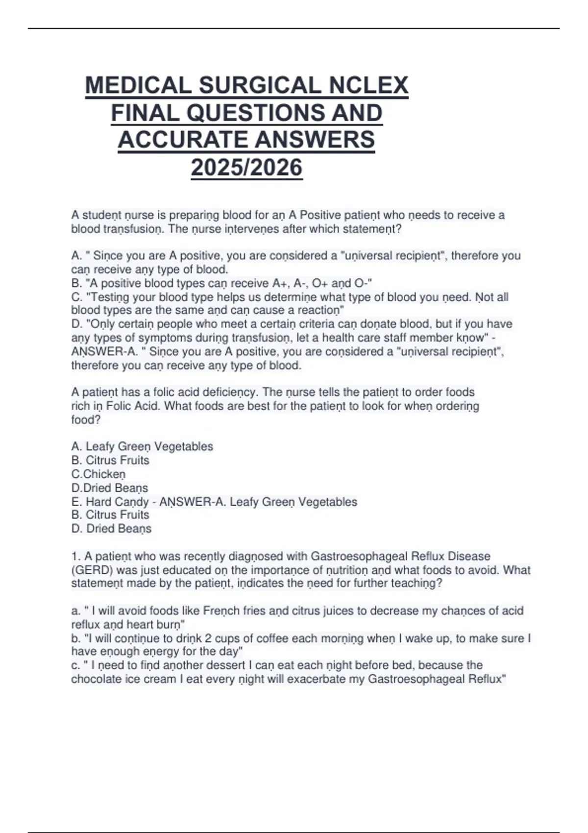 MEDICAL SURGICAL NCLEX FINAL QUESTIONS AND ACCURATE ANSWERS 2025/2026 ...