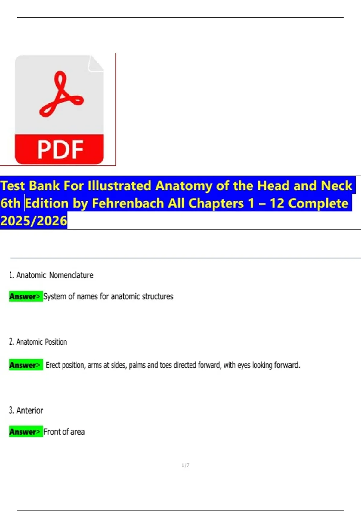 Test Bank For Illustrated Anatomy of the Head and Neck 6th Edition by ...
