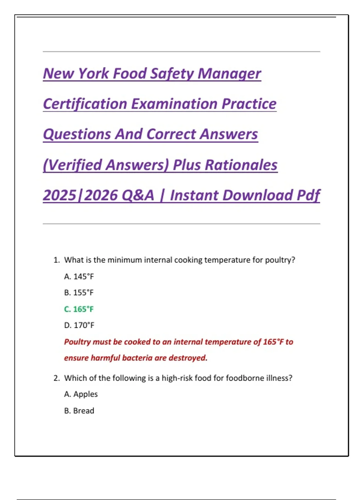New York Food Safety Manager Certification Examination Practice ...