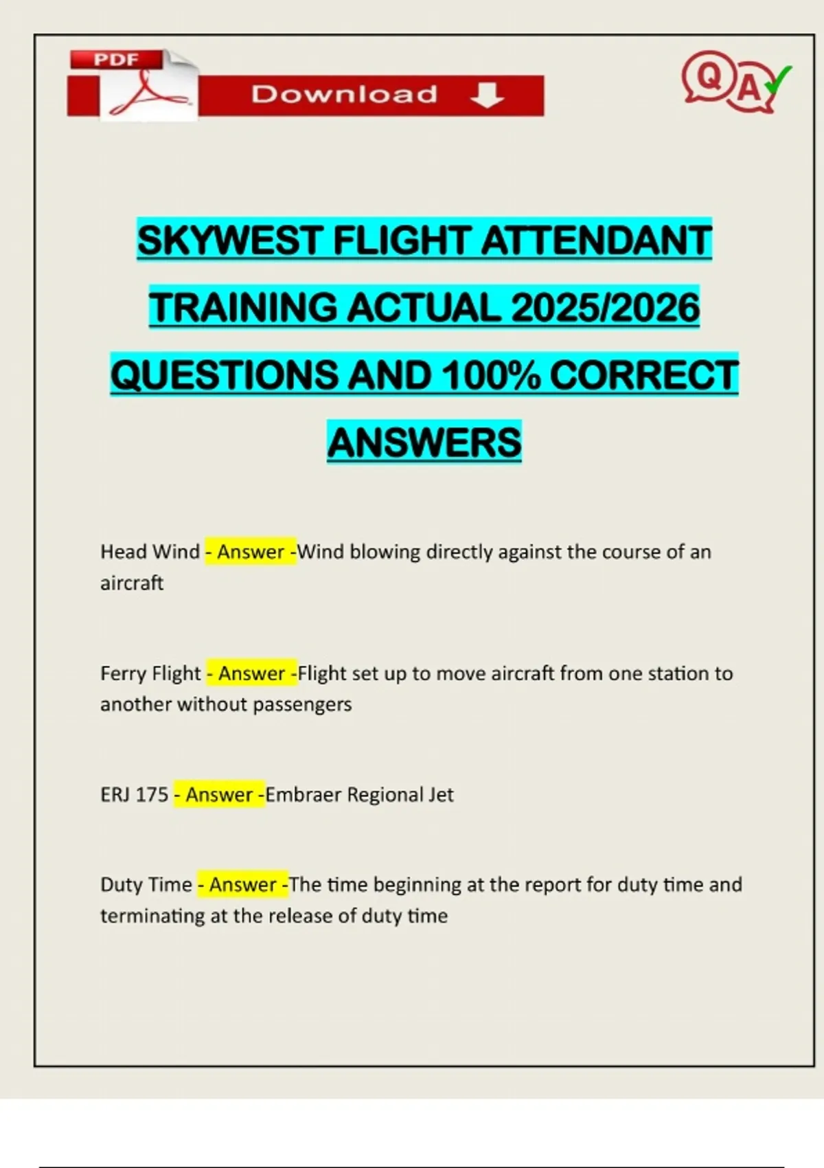 Question Time Flight SKYWEST FLIGHT ATTENDANT TRAINING ACTUAL 2025/2026 QUESTIONS AND 100% ...