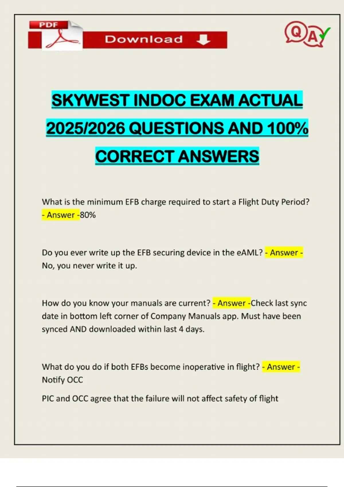SKYWEST INDOC EXAM ACTUAL 2025/2026 QUESTIONS AND 100% CORRECT ANSWERS ...