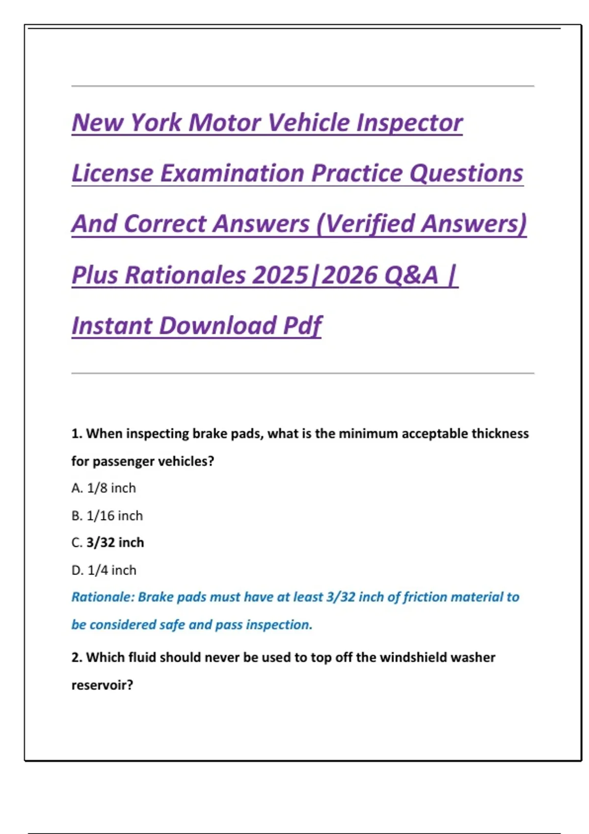 New York Motor Vehicle Inspector License Examination Practice Questions ...