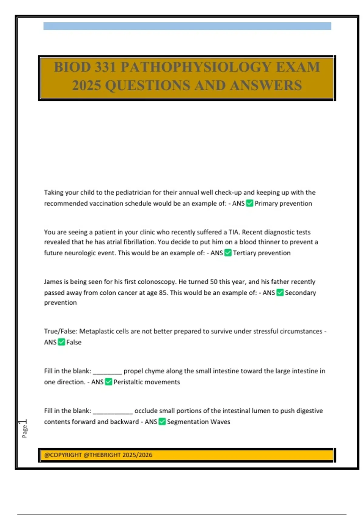 BIOD 331 PATHOPHYSIOLOGY EXAM 2025 QUESTIONS AND ANSWERS - BIOD 331 ...