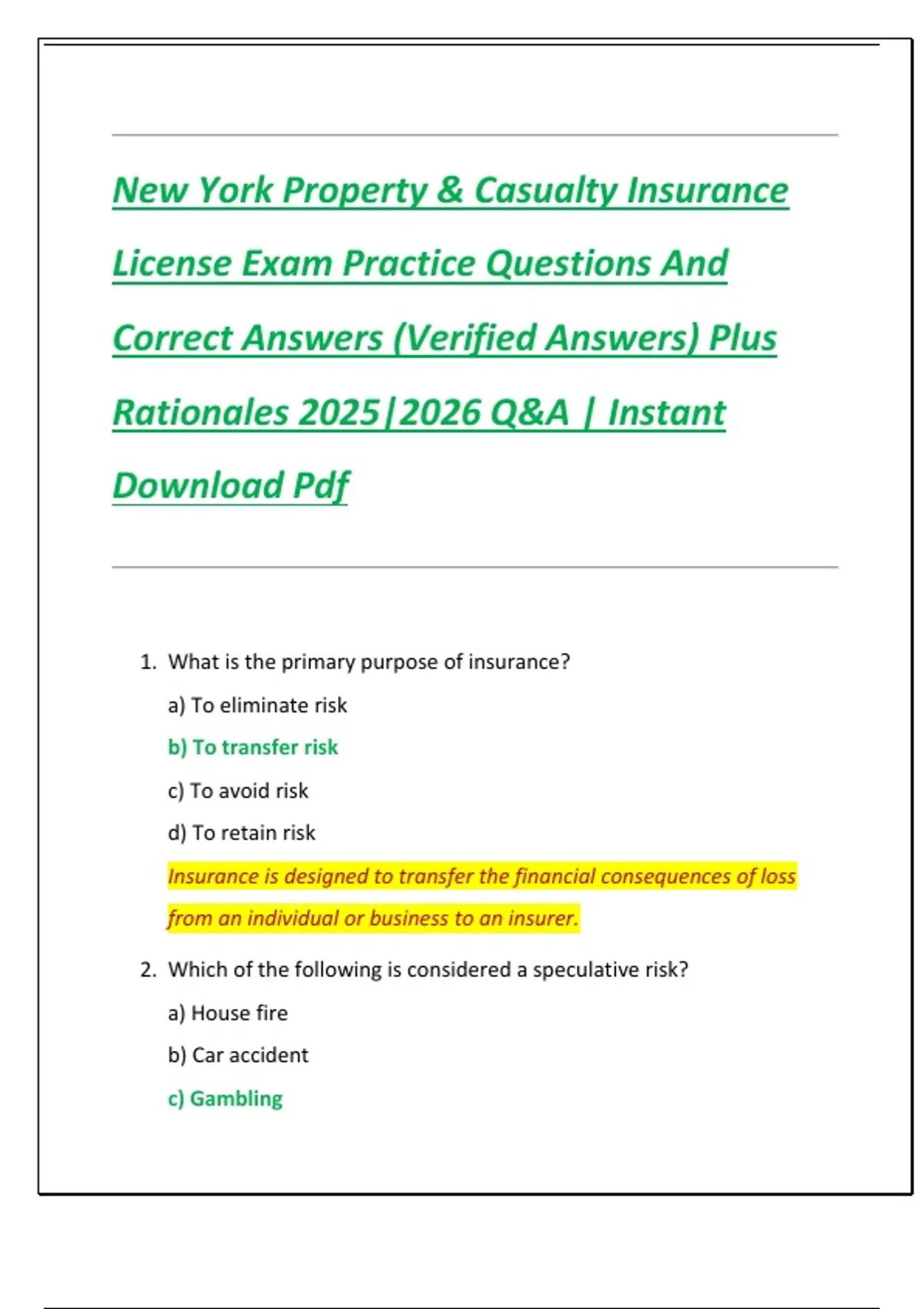 New York Property & Casualty Insurance License Exam Practice Questions And Correct Answers ...