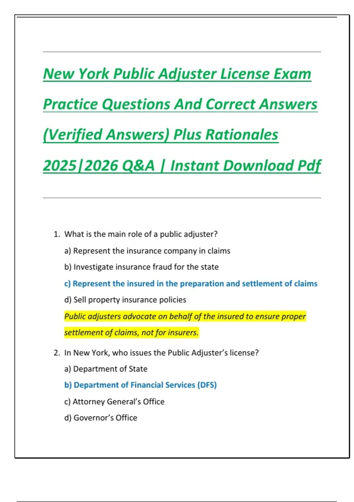 New York Public Adjuster License Exam Practice Questions And Correct Answers (Verified Answers ...