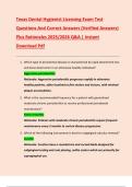 Texas Dental Hygienist Licensing Exam Test  Questions And Correct Answers &lpar;Verified Answers&rpar;  Plus Rationales 2025&sol;2026 Q&A &vert; Instant  Download Pdf