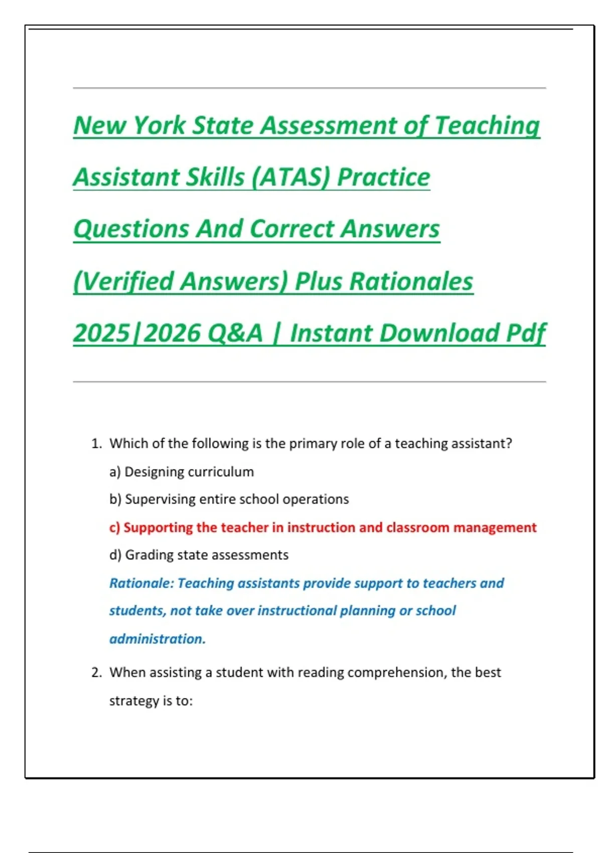 New York State Assessment of Teaching Assistant Skills (ATAS) Practice Questions And Correct ...