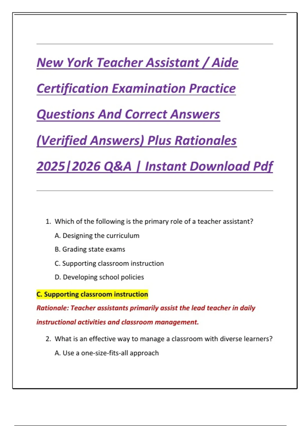 New York Teacher Assistant / Aide Certification Examination Practice Questions And Correct ...