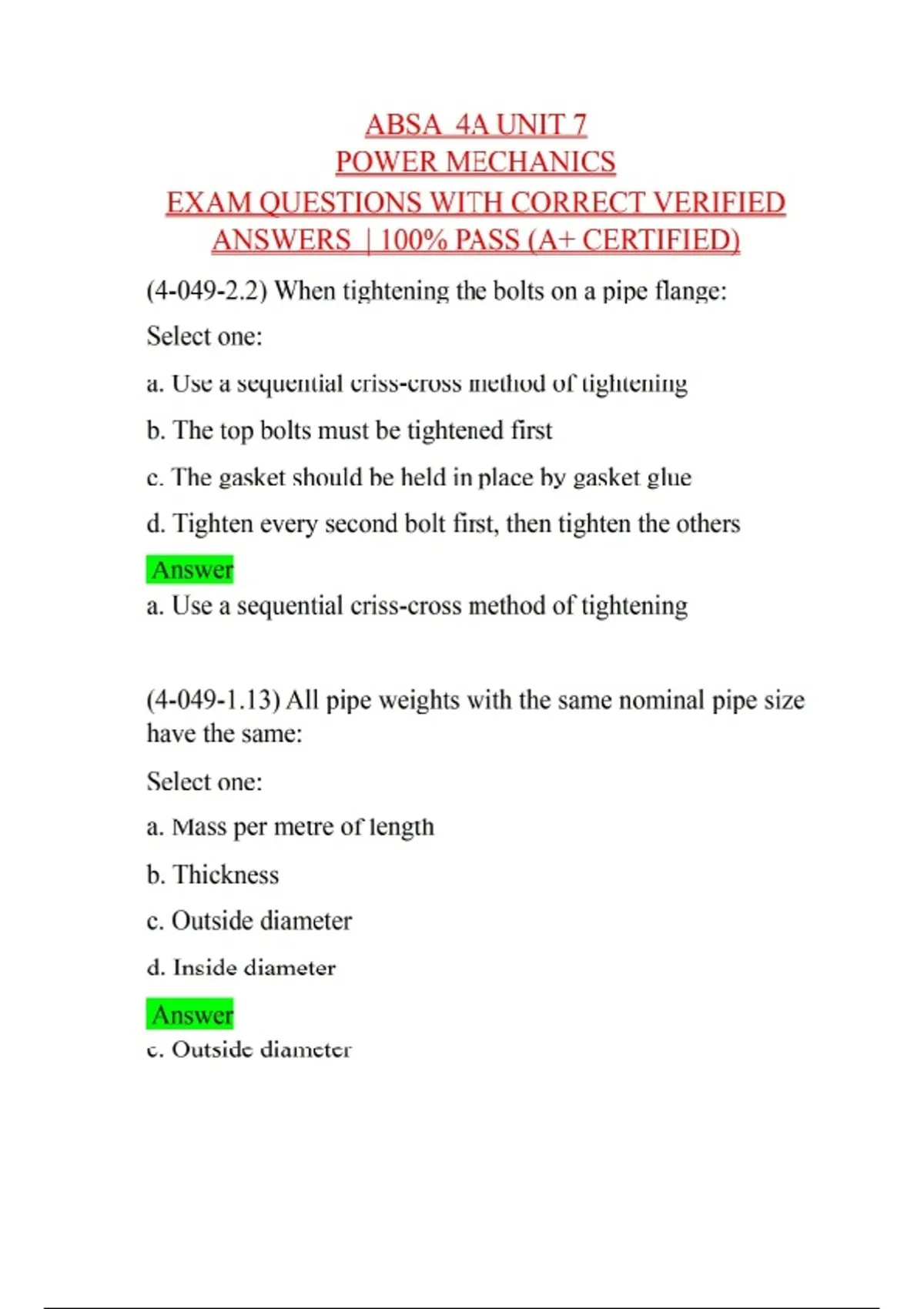 ABSA 4A UNIT 7 POWER MECHANICS EXAM QUESTIONS WITH CORRECT VERIFIED ...