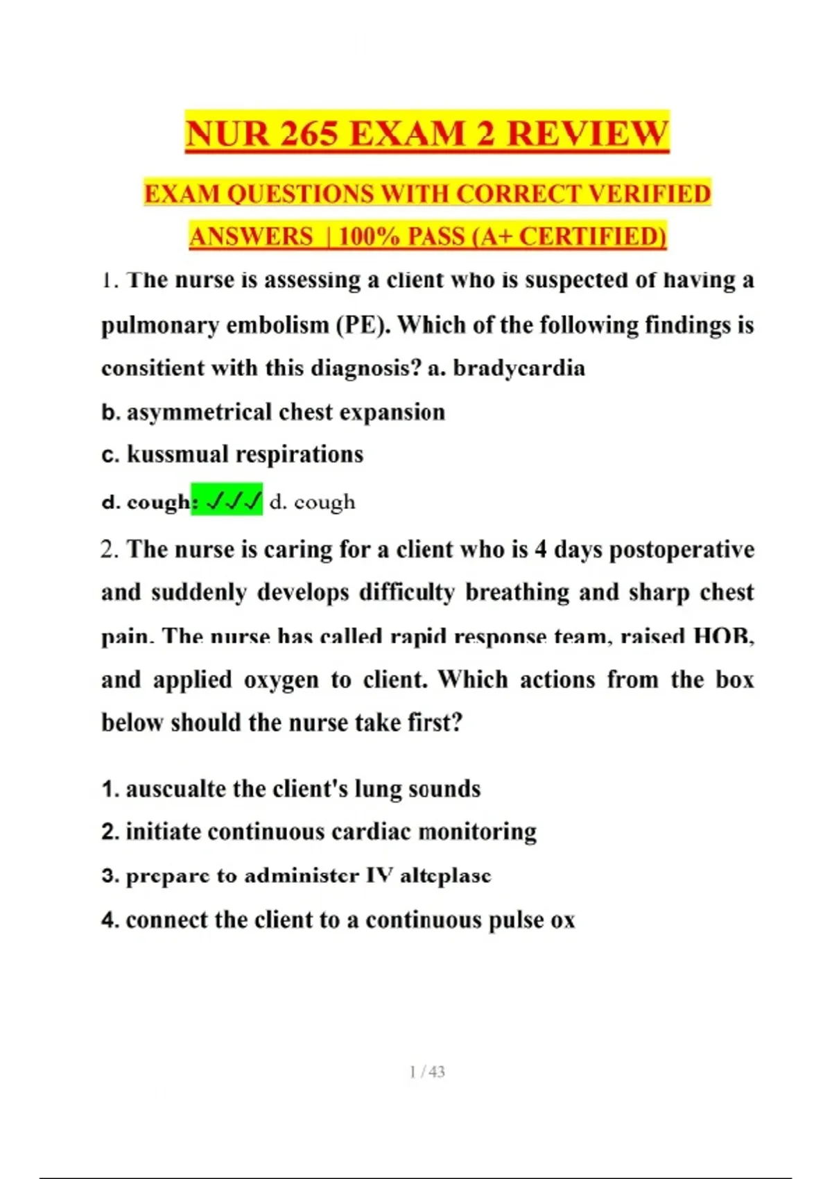 NUR 265 EXAM 2 REVIEW EXAM QUESTIONS WITH CORRECT VERIFIED ANSWERS ...