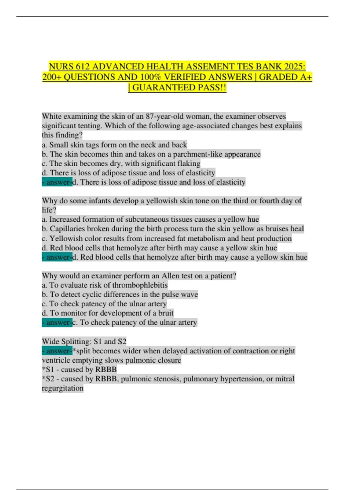 NURS 612 Advanced Health Assessment: 2025 Test Bank | 200+ Q&A | HEENT ...